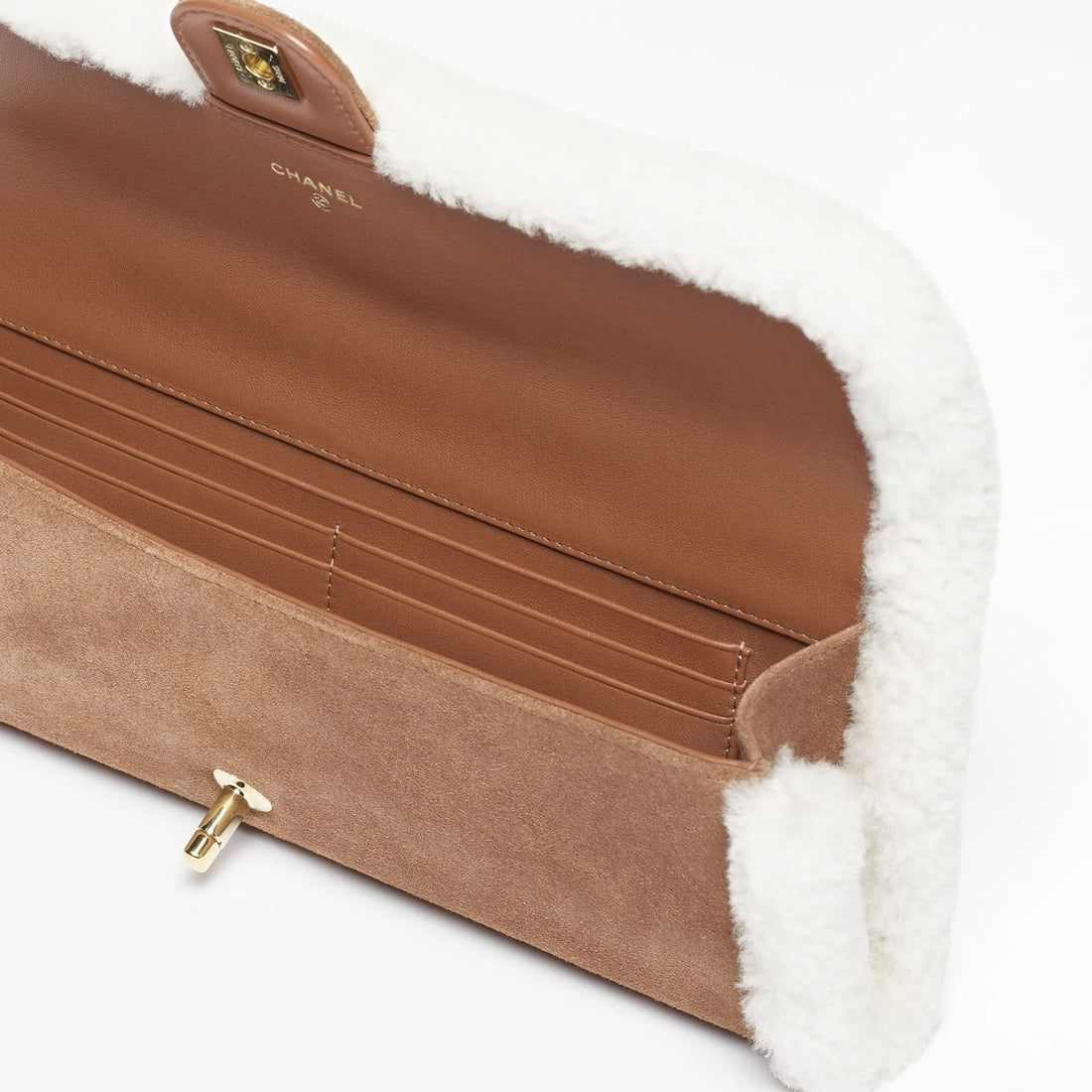 Chanel Clutch with Chain brown suede calfskin white shearling Coco Neige 2026 open view