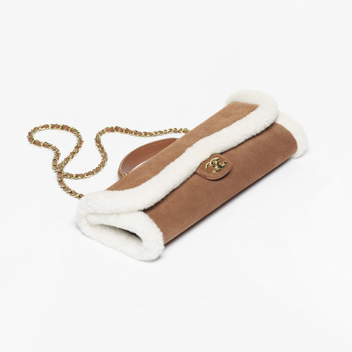 Clutch with Chain Suede Calfskin Shearling Lambskin & Gold-Tone Metal Brown & White — Default Title
