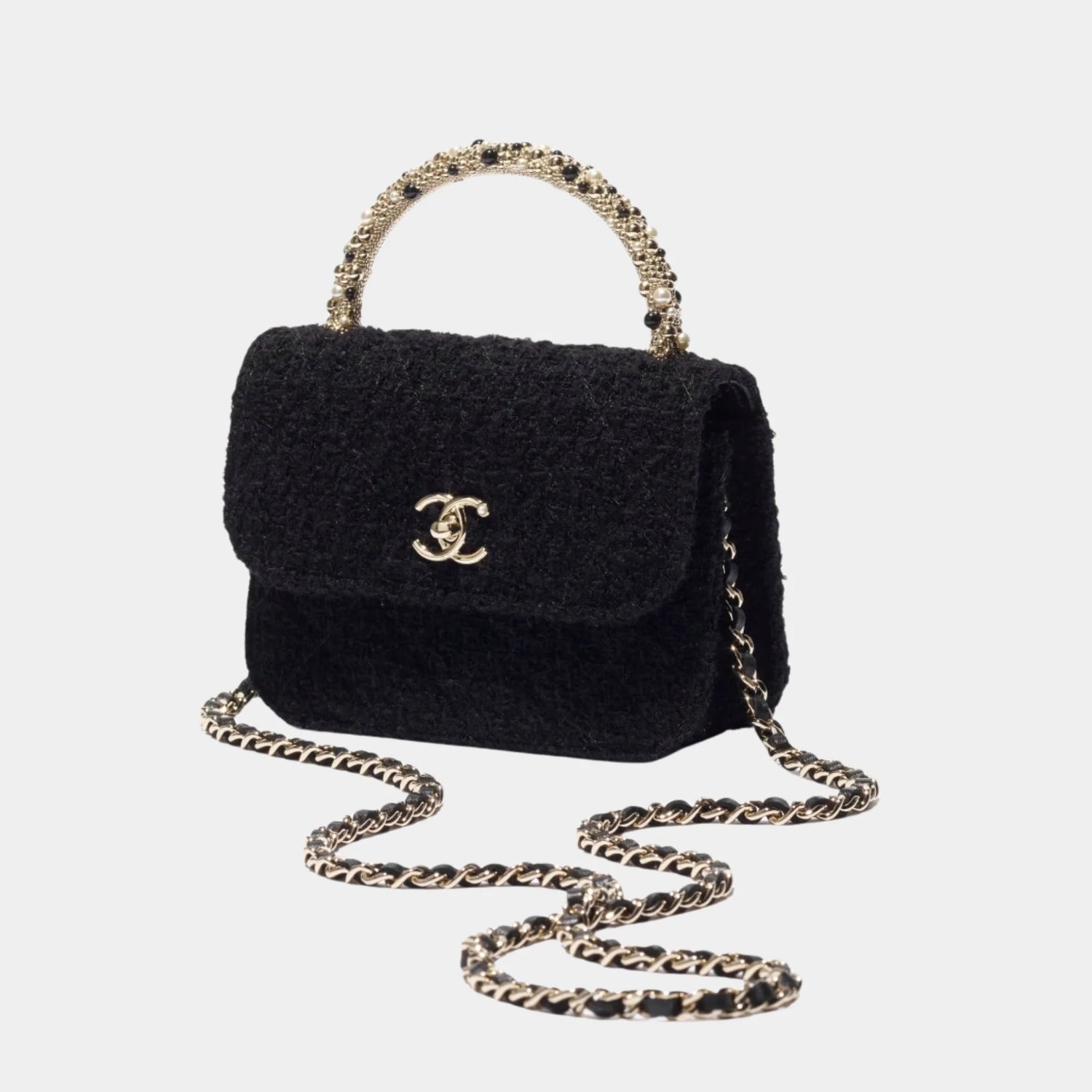 Clutch with Chain Tweed, Pearls &amp; Gold-Tone Metal