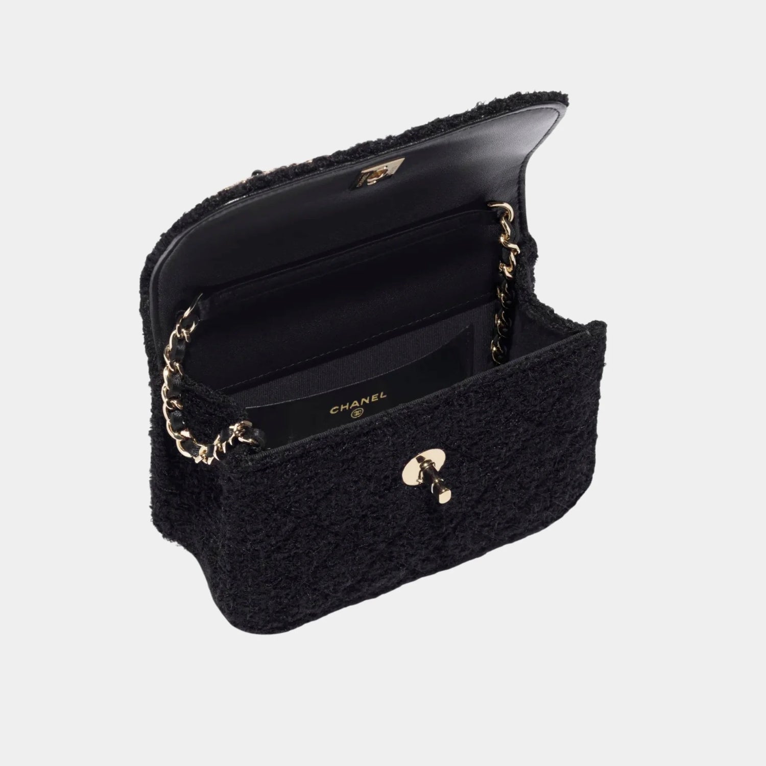 Clutch with Chain Tweed, Pearls &amp; Gold-Tone Metal