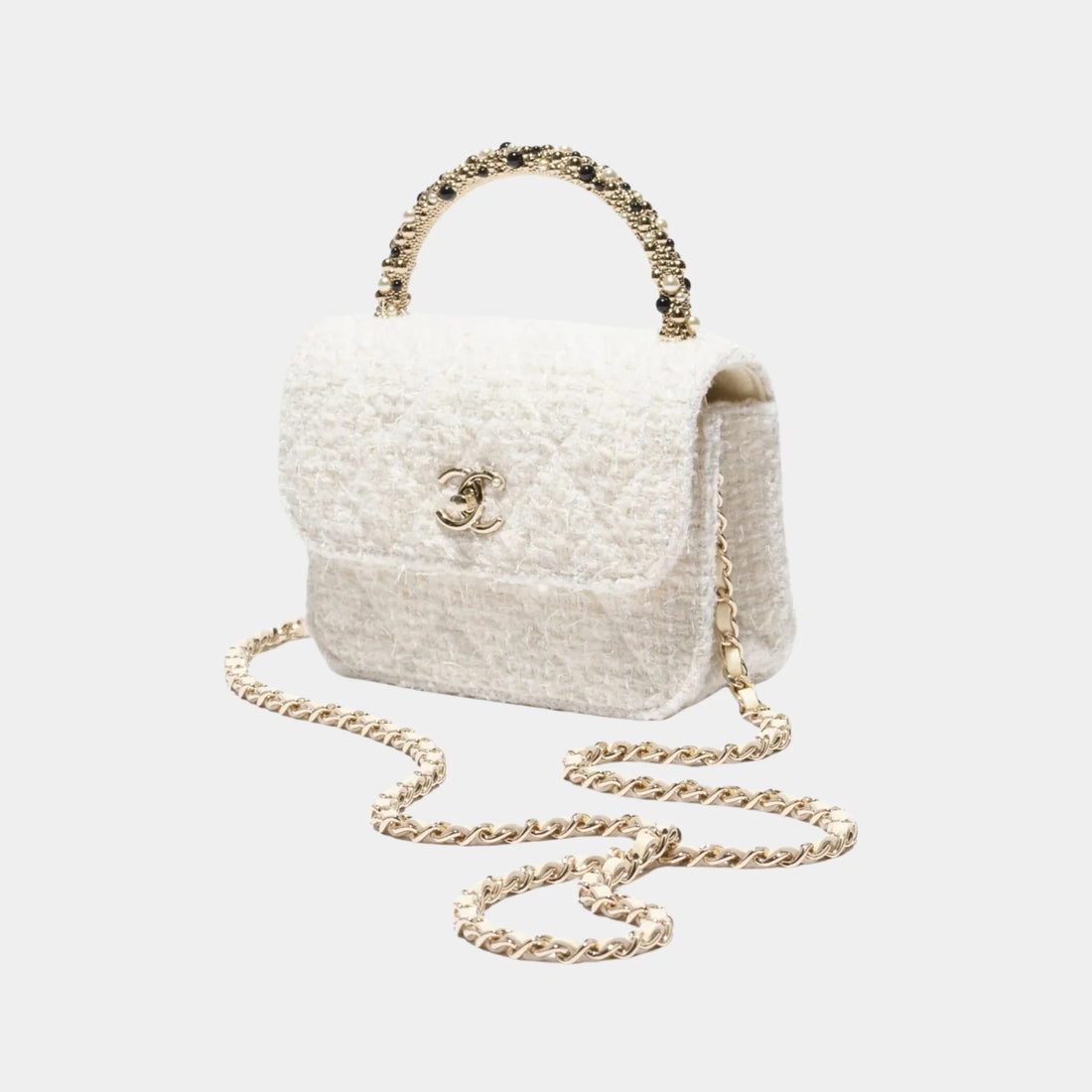 Chanel Clutch with Chain Tweed, Imitation Pearls & Gold-Tone Metal, Ecru and White, Front