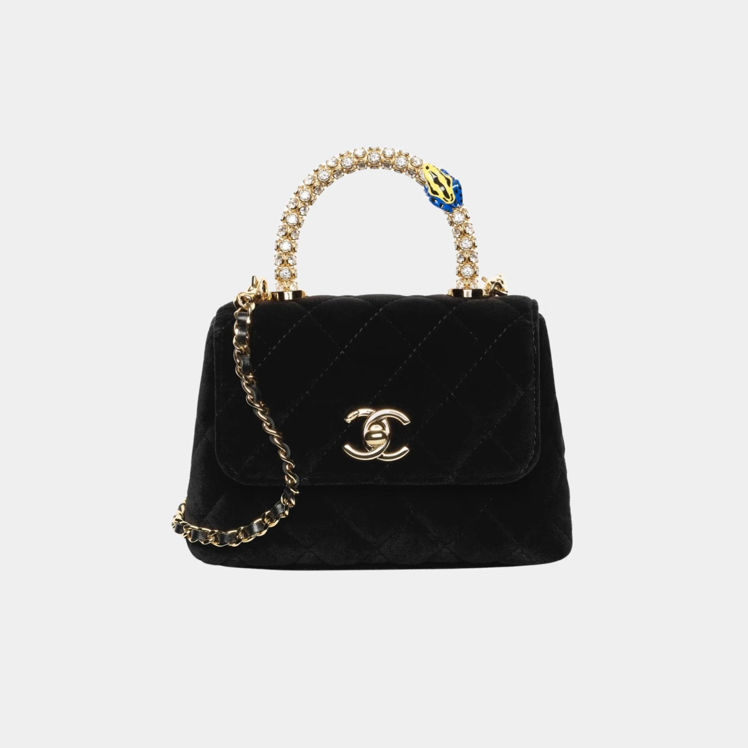 Chanel Clutch with chain in Velvet Strass Enamel &amp; Gold-Tone Metal, Front