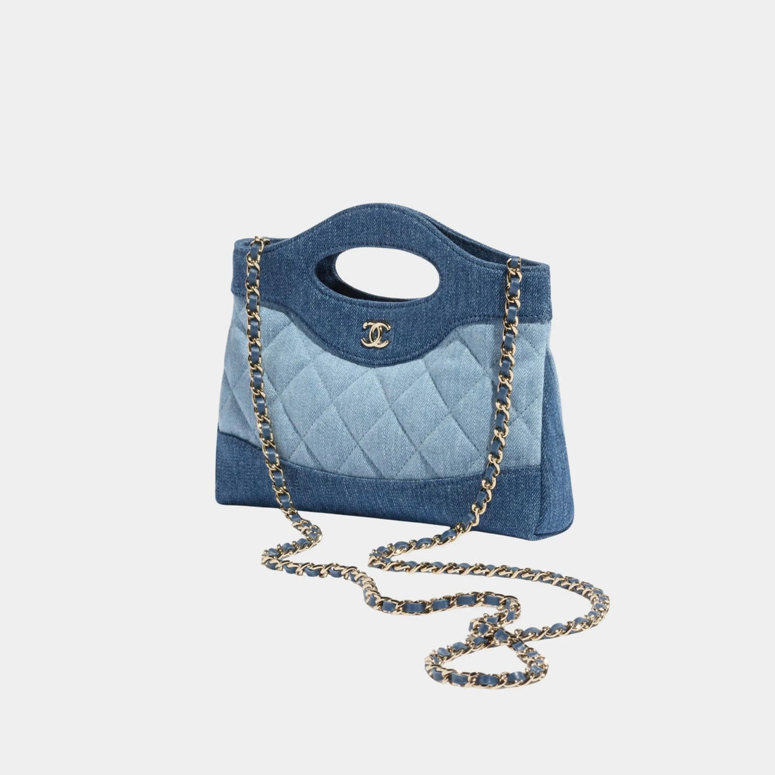 Chanel Clutch With Chain Washed Demin & Gold Tone Metal, Dark Blue  and Light Blue 