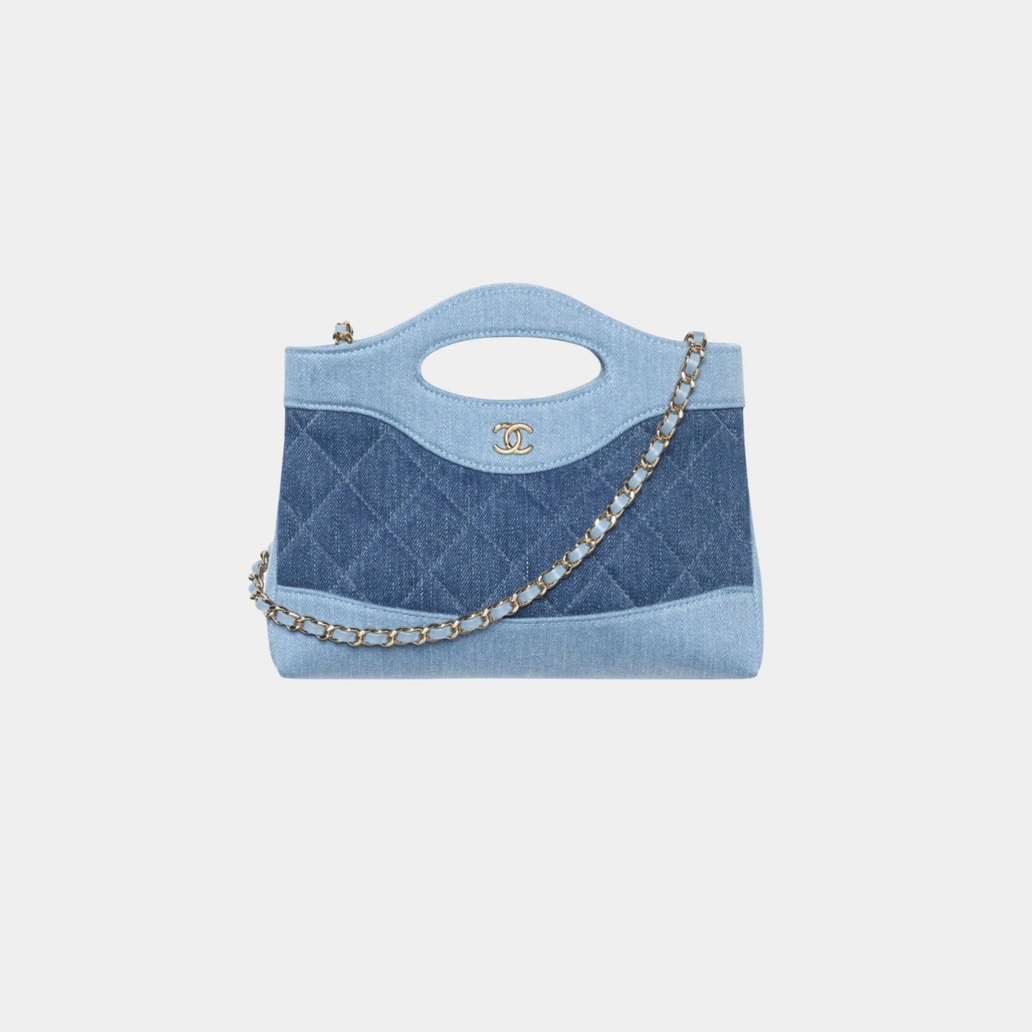 Chanel Clutch With Chain Washed Demin &amp; Gold Tone Metal, Light Blue and Dark Blue 