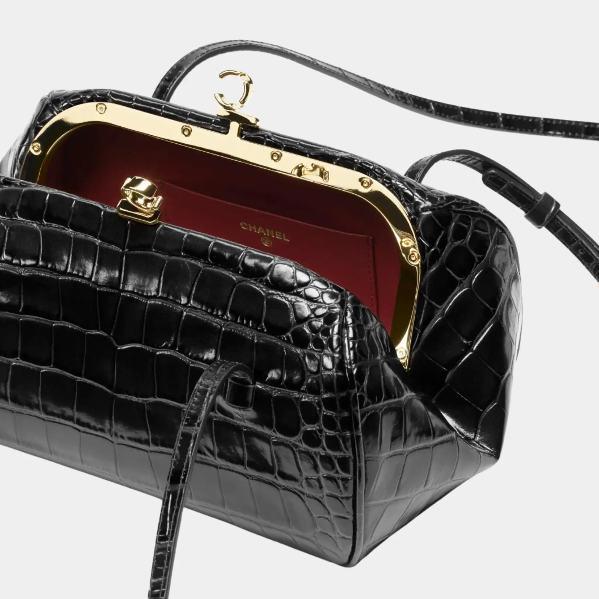 Chanel Clutch with Leather Strap in Black Crocodile Embossed Calfskin, Top
