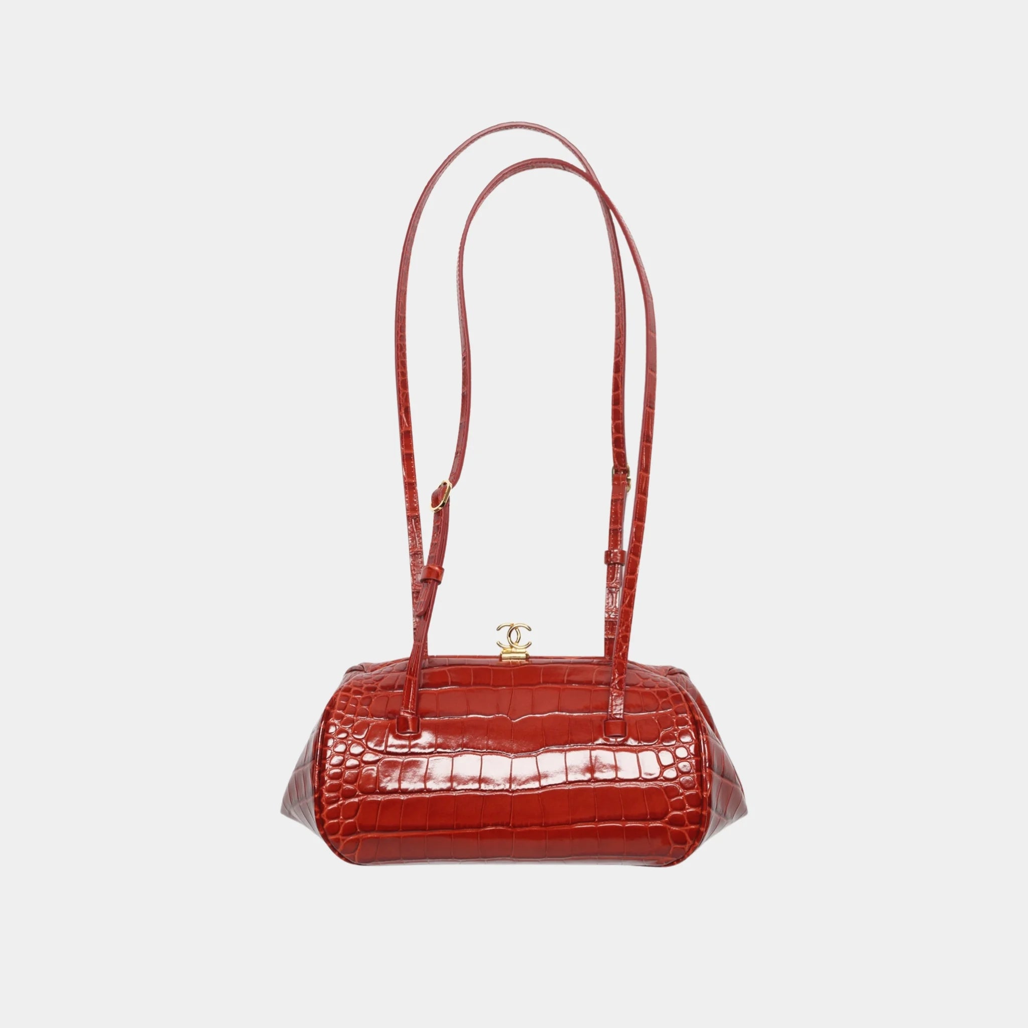 Chanel Clutch with Leather Strap in Crocodile Embossed Calfskin, Burgundy, Front