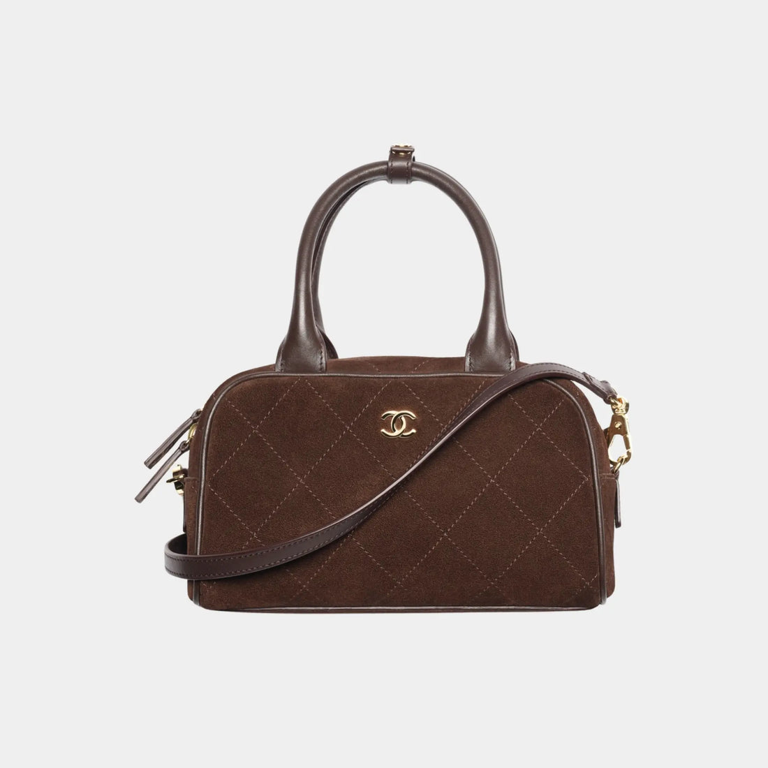 Chanel Clutch with Leather Strap in Dark Brown Suede & Calfskin, Front