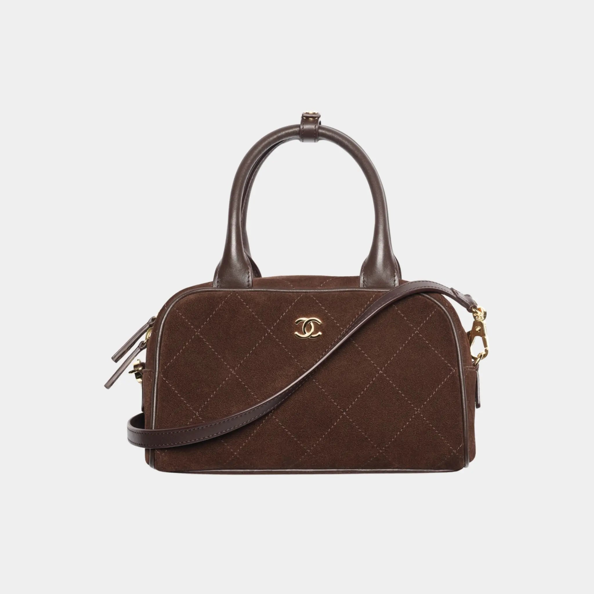 Chanel Clutch with Leather Strap in Dark Brown Suede &amp; Calfskin, Front
