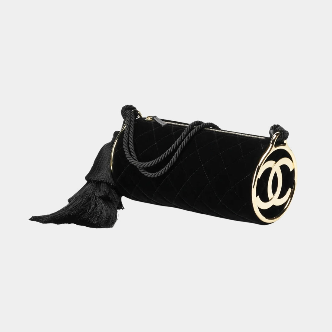 alt
حقيبة كلتش Chanel بحزام من المخمل الأسود والمعدن الذهبي، من الأمام، الجانب