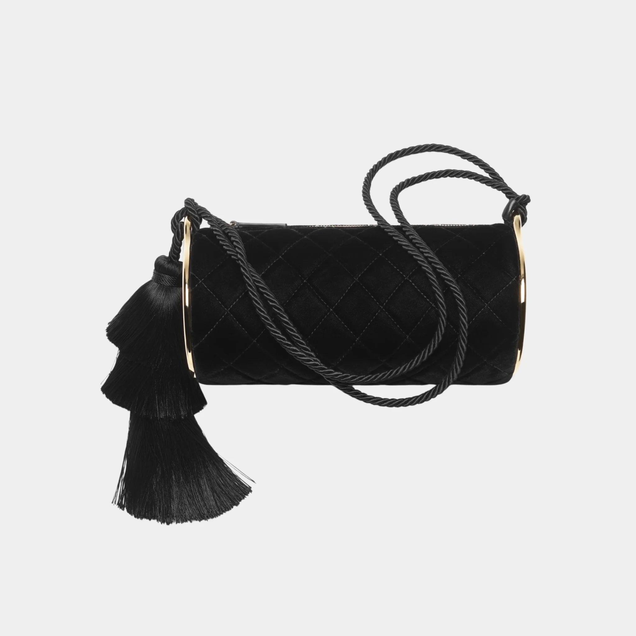 Chanel Clutch with Strap in Black Velvet &amp; Gold Metal, Front