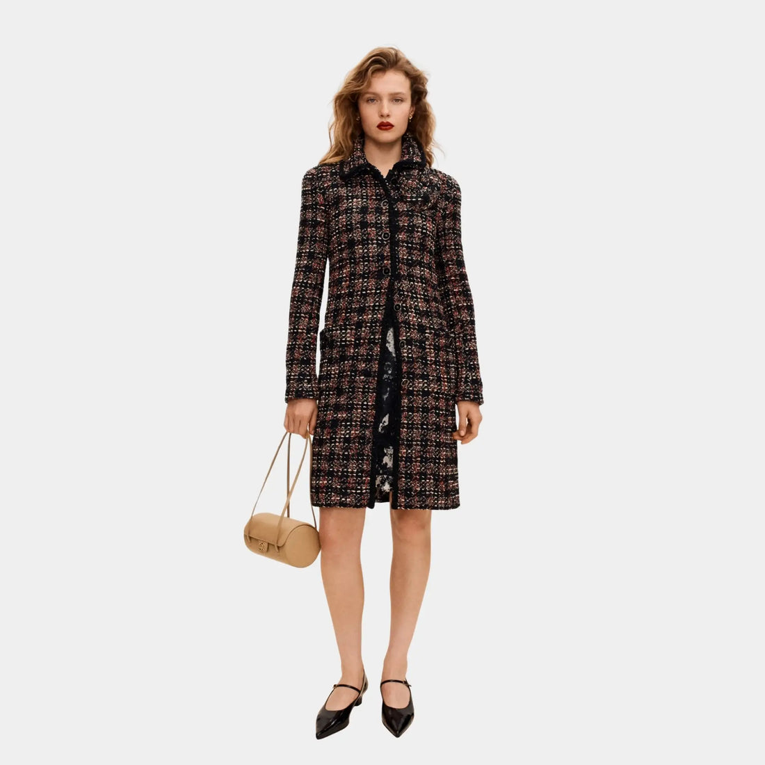 Chanel Coat in Cotton and Wool Tweed, Black Red Ecru, Model, Front