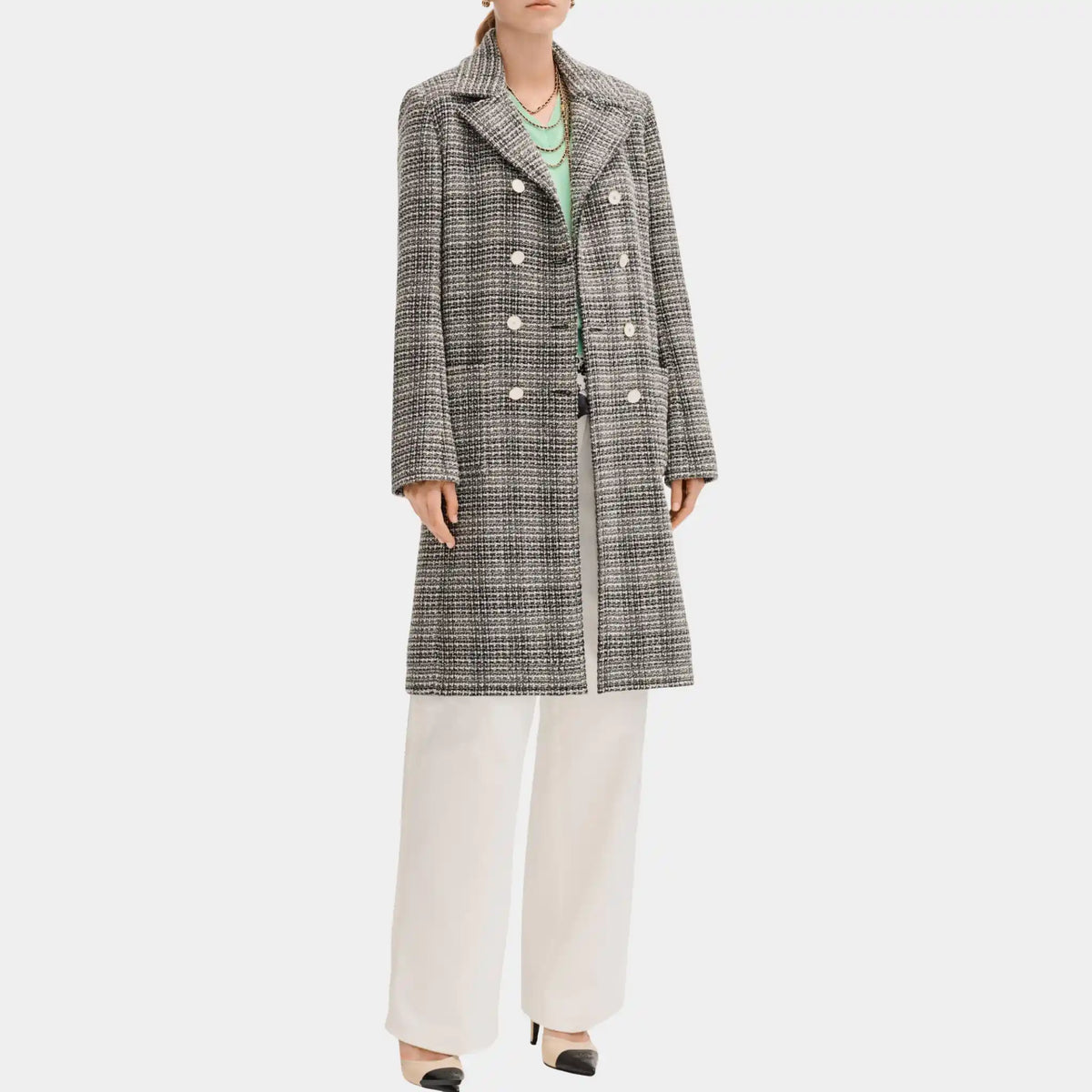 Coat in White and Black Wool Tweed
