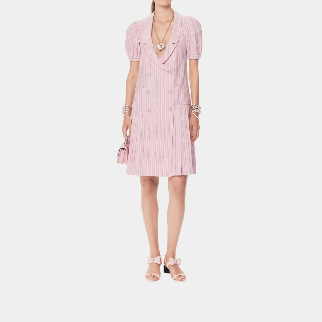 Chanel Dress Printed Cotton Poplin Light Pink White & Dark Pink, Front