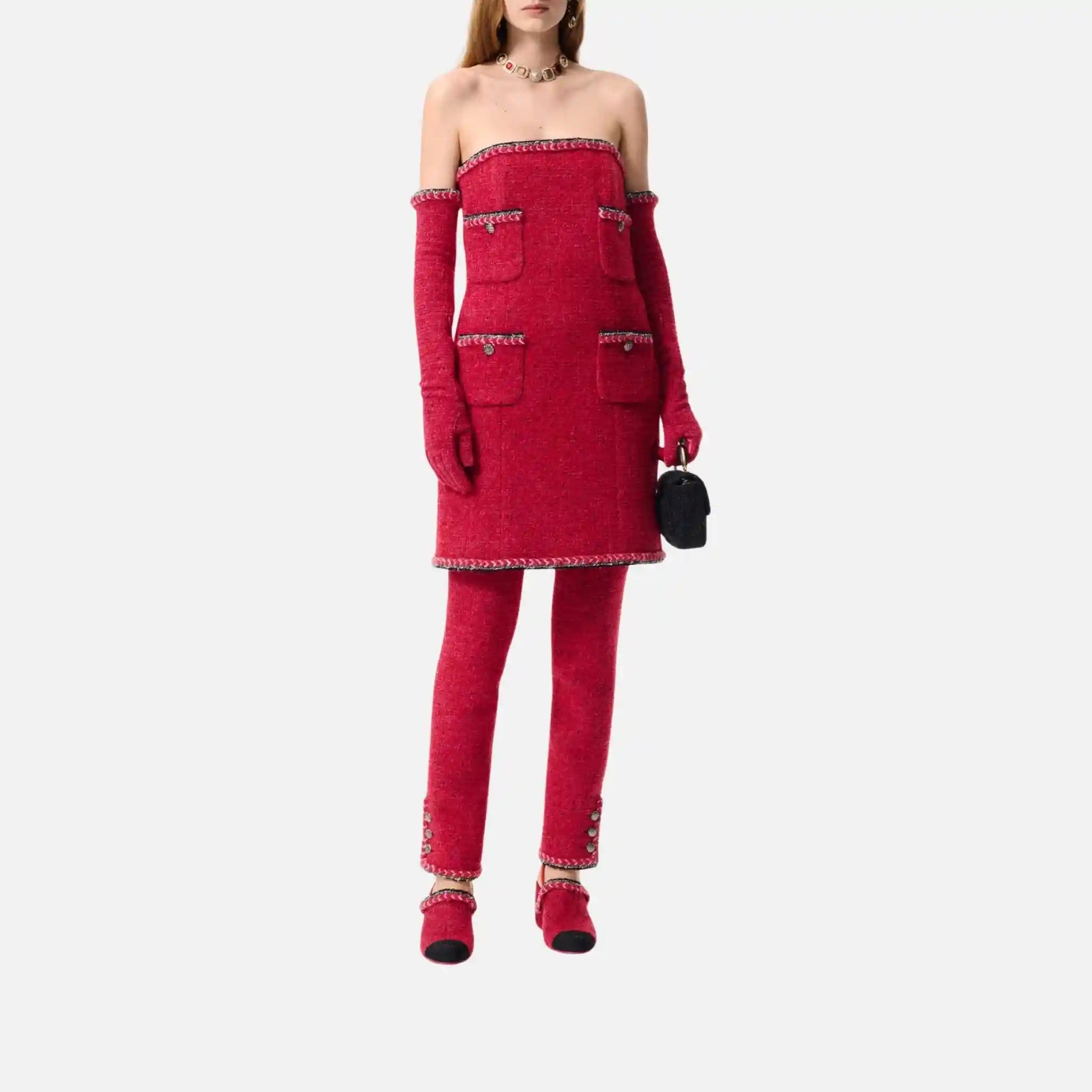 Chanel Dress Tweed Red And Black