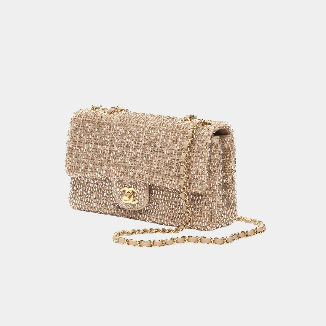 Chanel Evening Bag Mesh Beads &amp; Gold-Tone Metal Golden, Front 