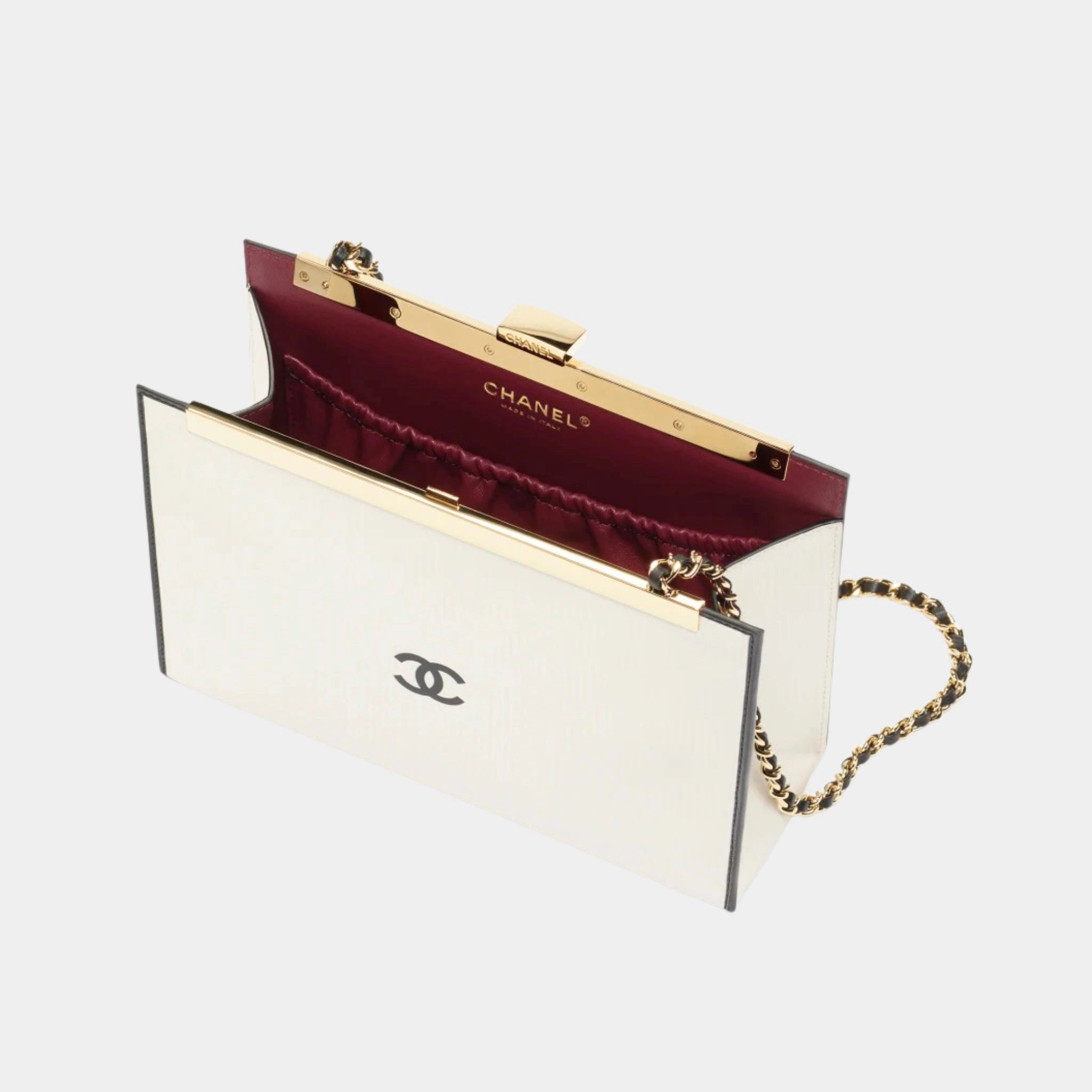 Evening Bag Printed Calfskin &amp; Gold-Tone Metal Black &amp; White