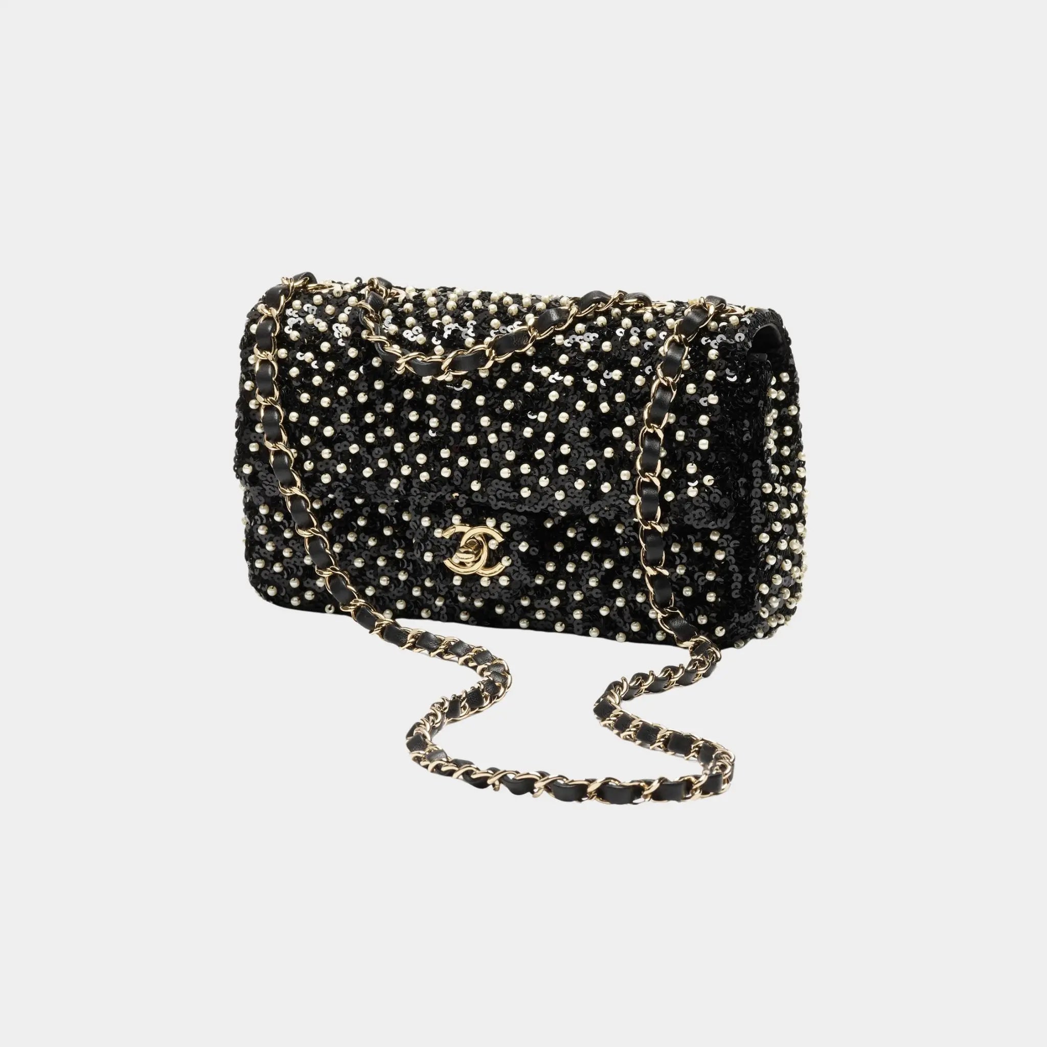 Chanel Classic Mini Bag With Handle Lambskin Rhinestones &amp; Gold Black, Front