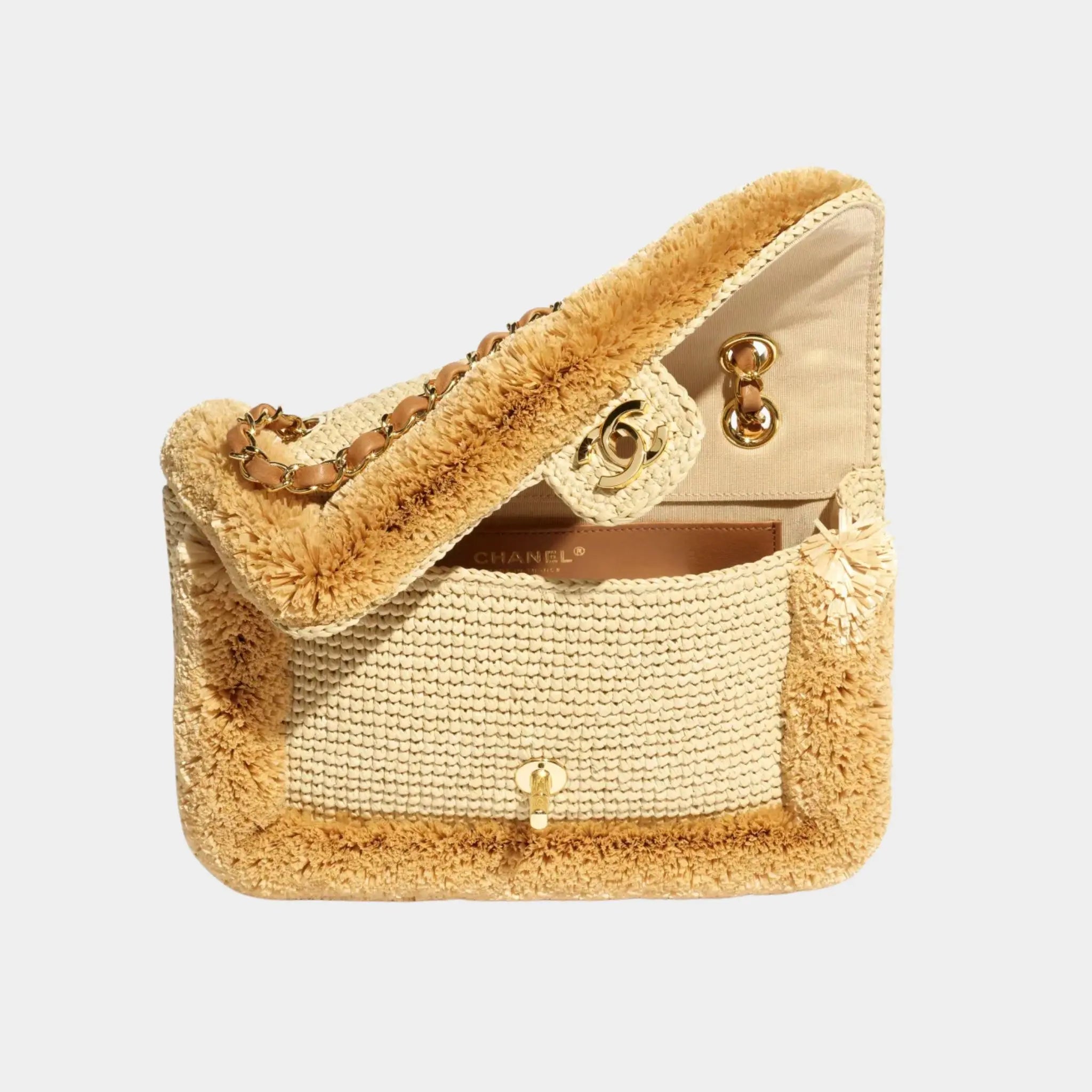 Flap Bag Braided Raffia &amp; Gold-Tone Metal Beige