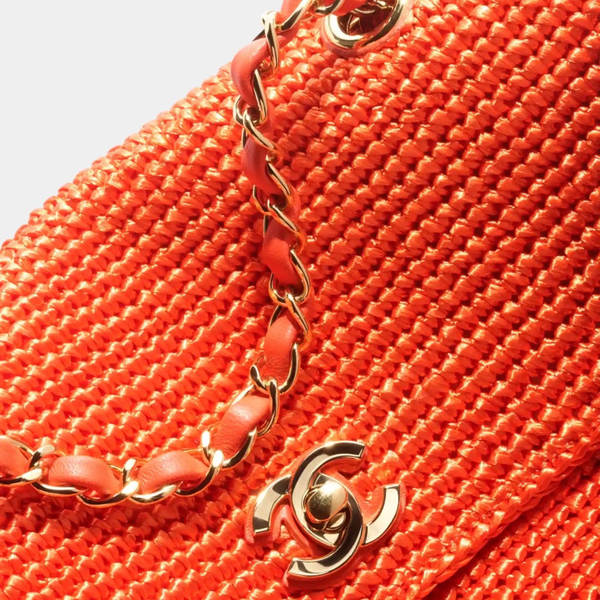 Chanel Flap Bag Braided Raffia &amp; Gold-Tone Metal Orange, closeup 