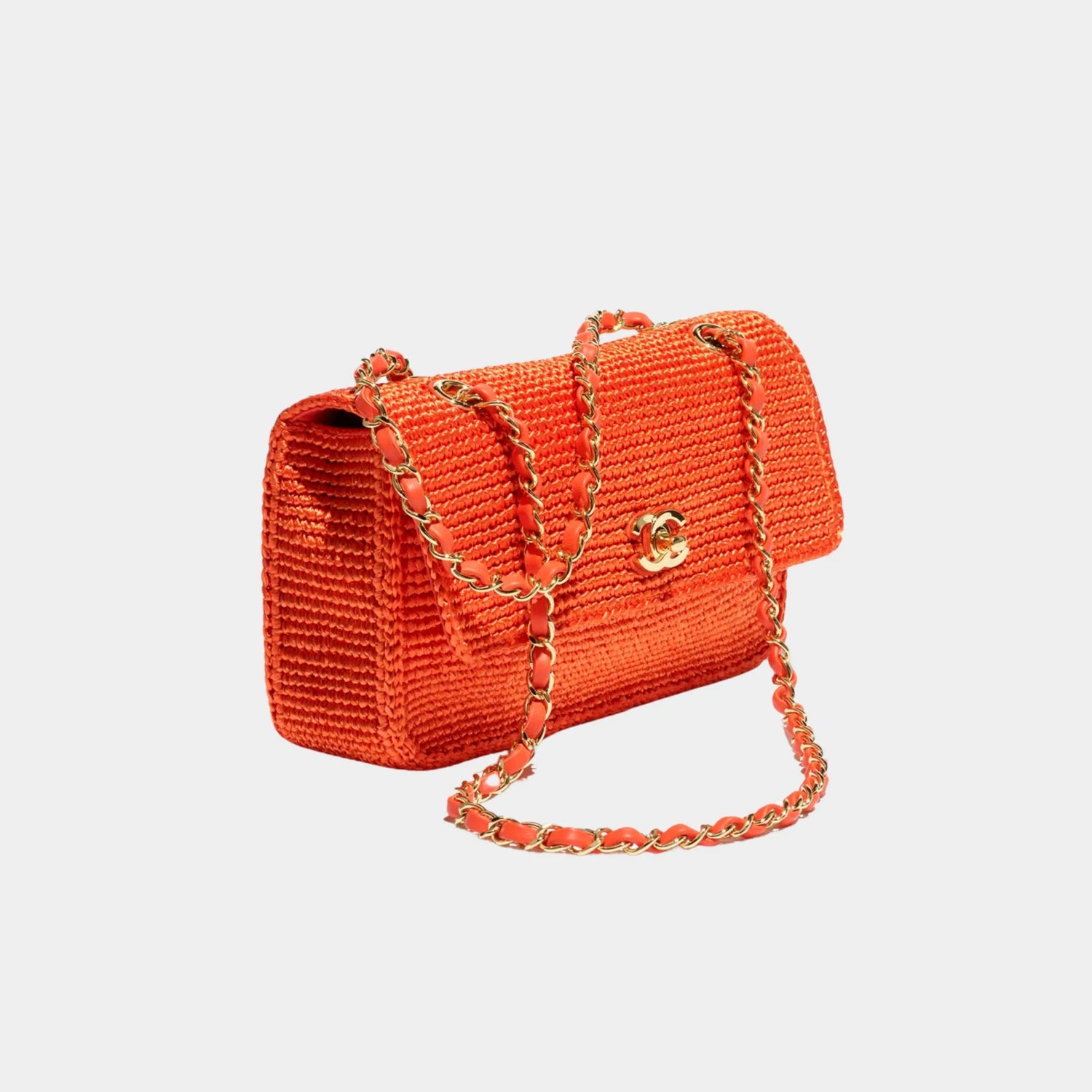 Chanel Flap Bag Braided Raffia &amp; Gold-Tone Metal Orange, Side front 