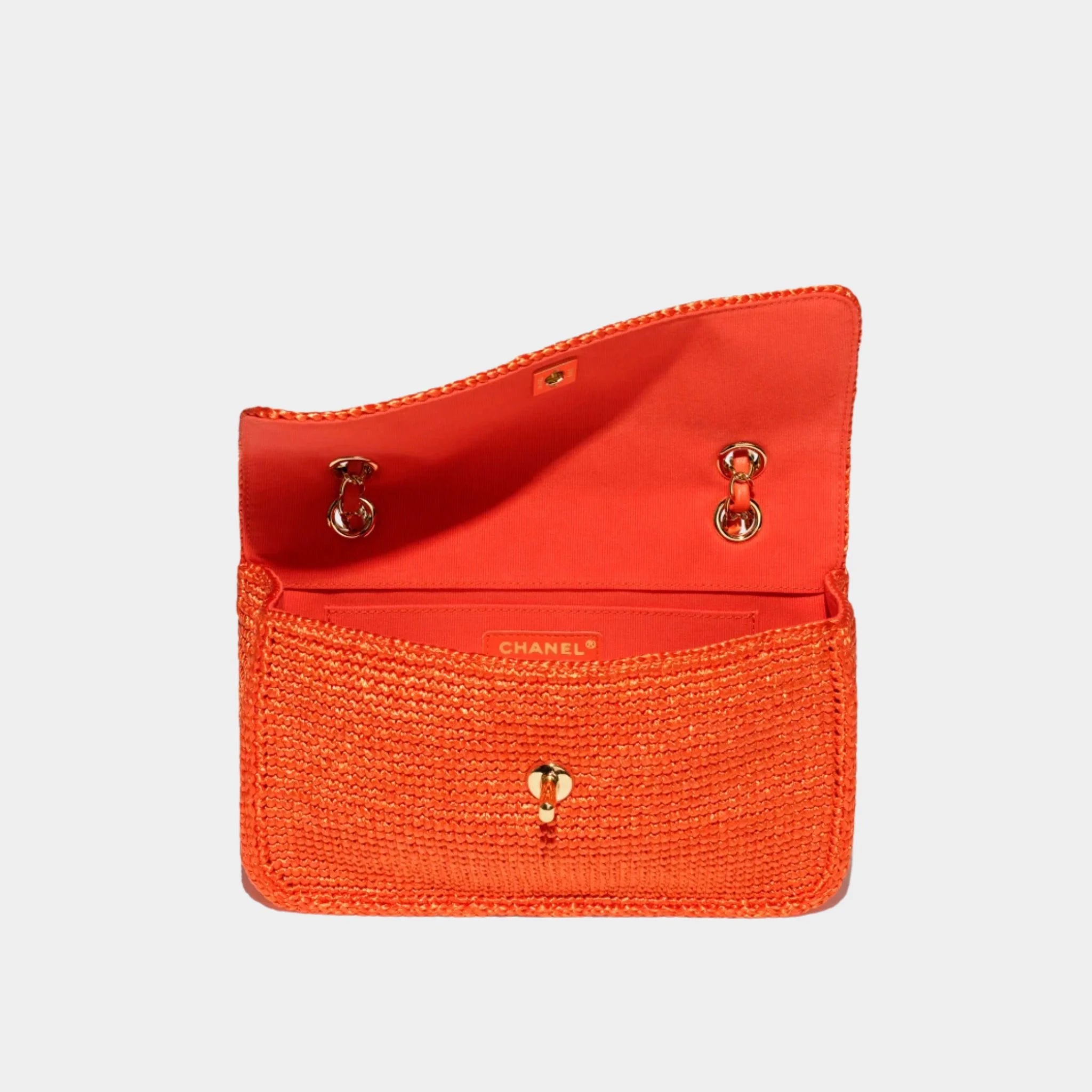 Chanel Flap Bag Braided Raffia &amp; Gold-Tone Metal Orange, top 