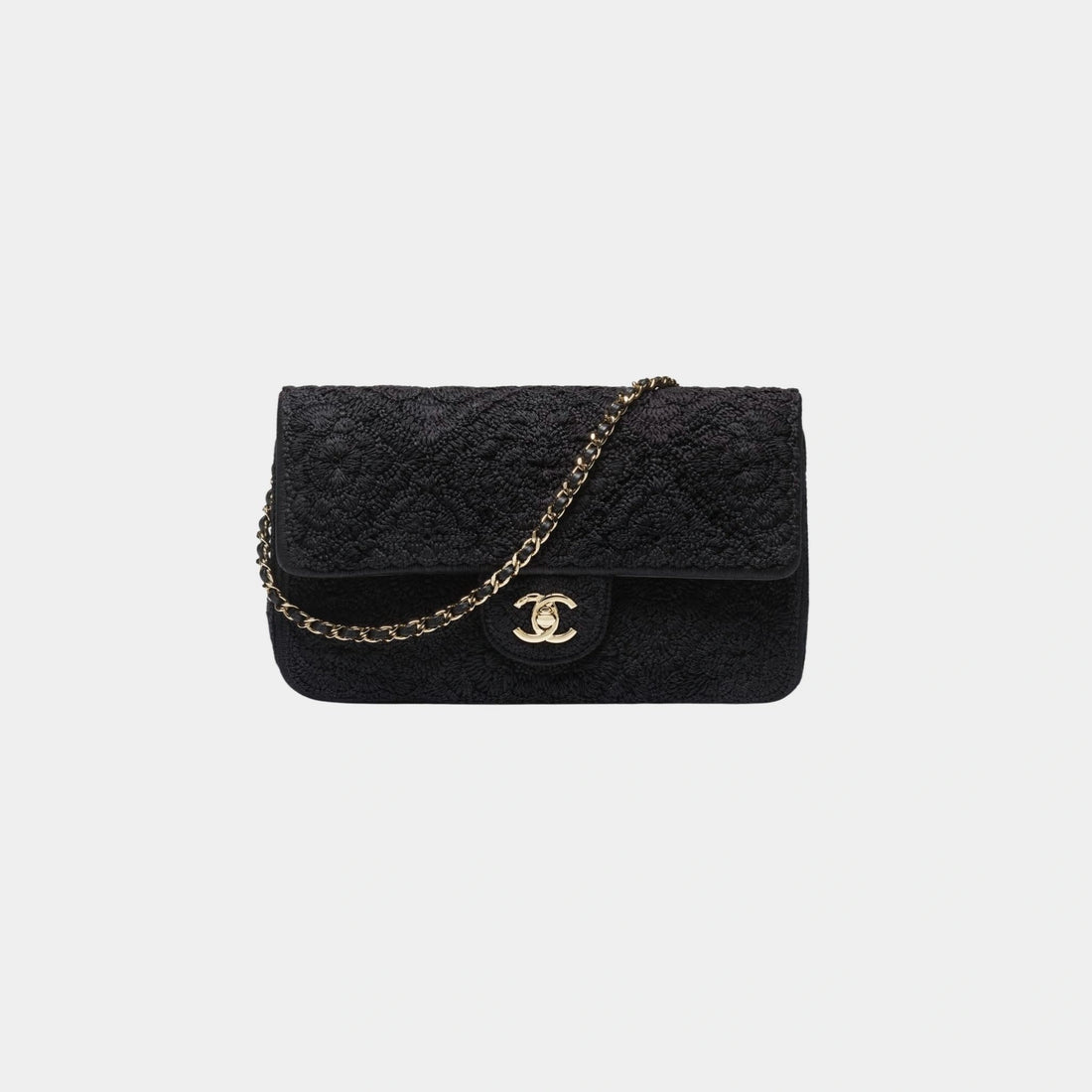 Chanel Flap Bag Crochet Effect Weaving & Gold Tone Metal Black, Front