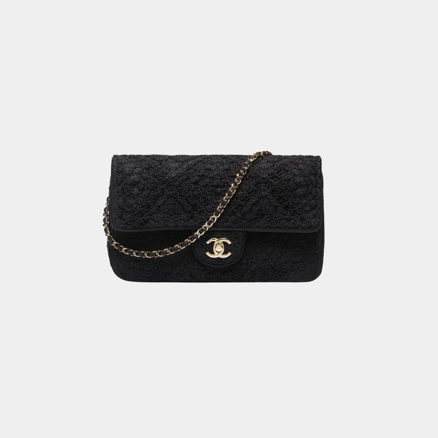 Chanel Flap Bag Crochet Effect Weaving &amp; Gold Tone Metal Black, Front 