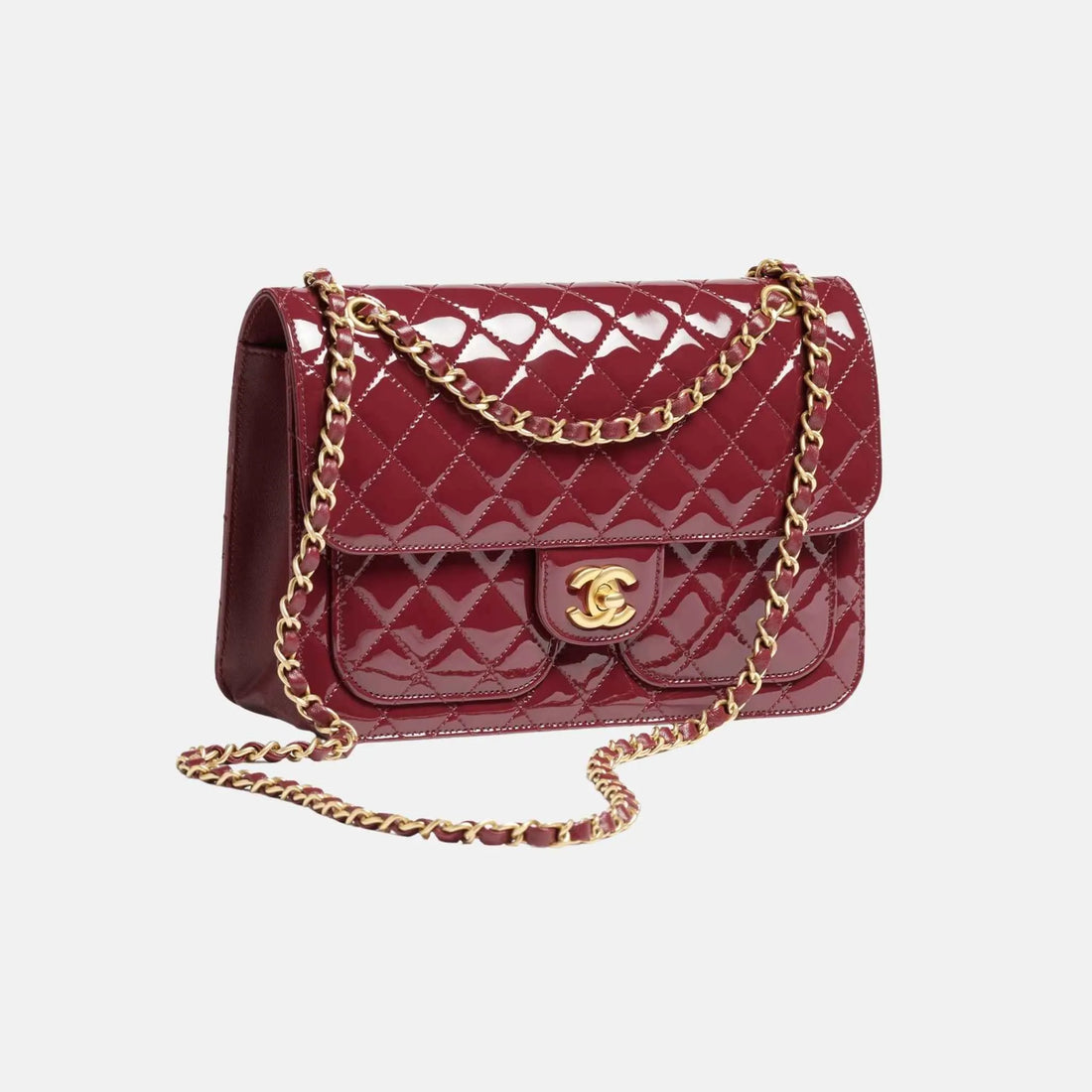 Chanel Flap Bag in Bordeaux Patent Calfskin and Gold Metal, Front