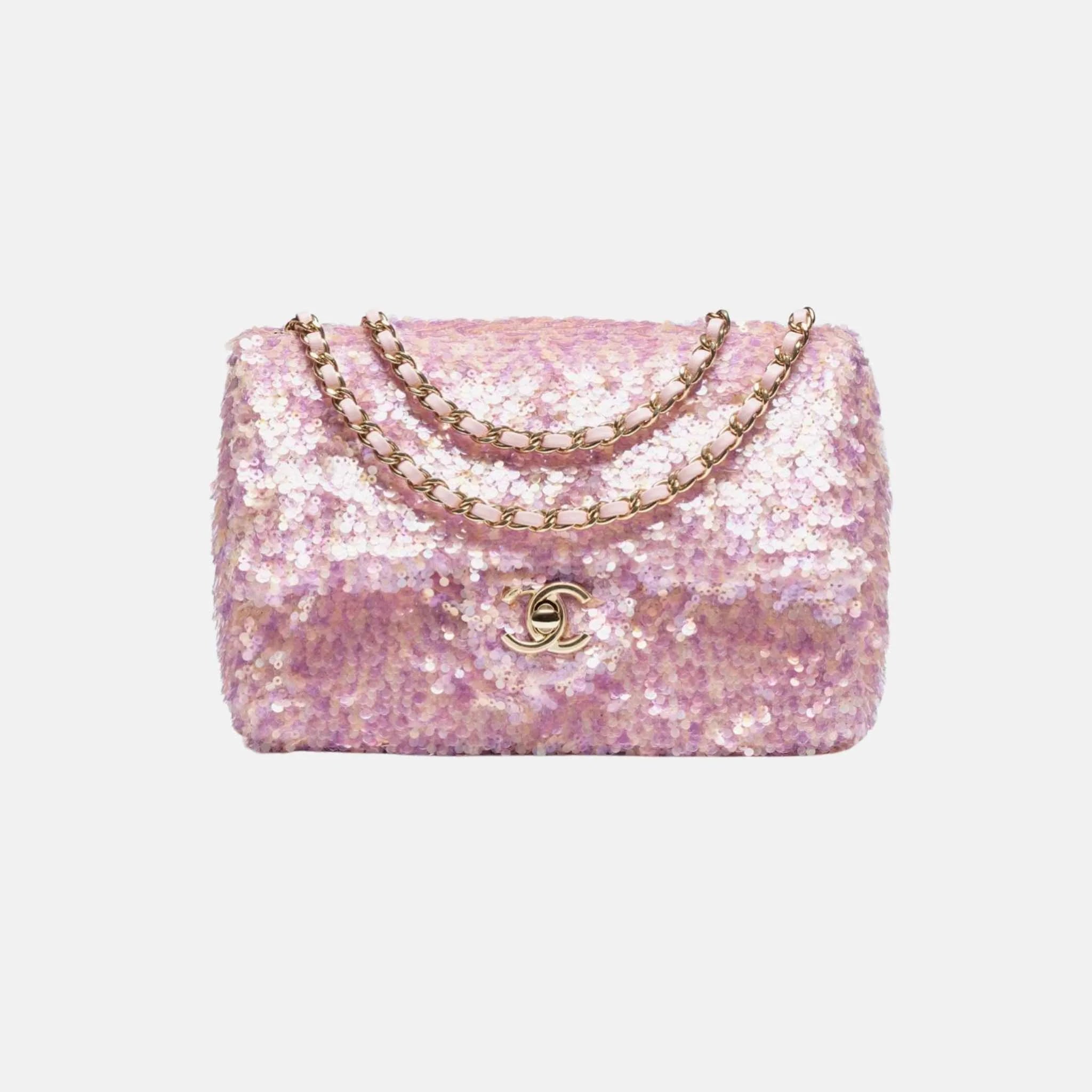 Chanel Flap Bag Sequins &amp; Gold Tone Metal Pink And Light pink