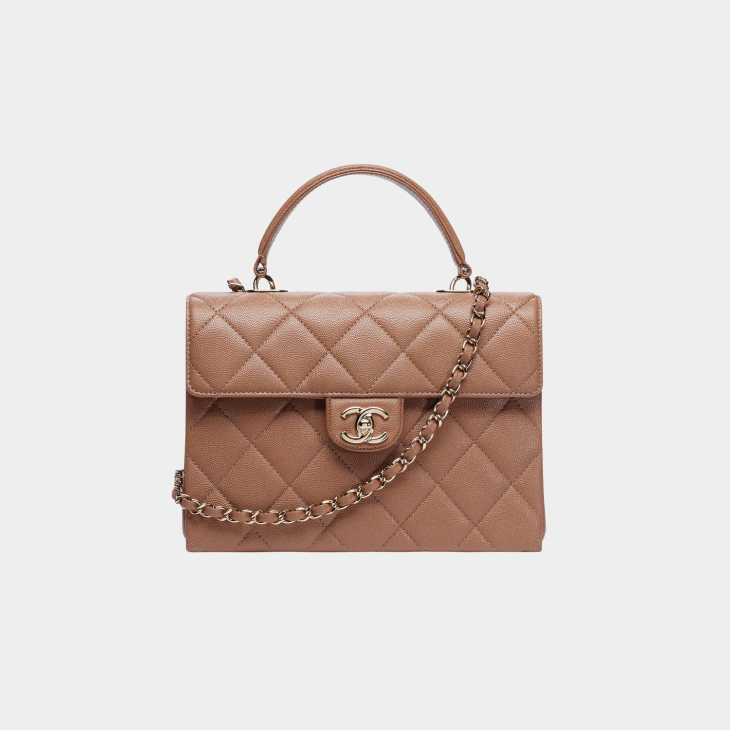 Chanel Flap Bag With Top Handle Grained Shiny Calfskin &amp; Gold Metal Brown, Front 