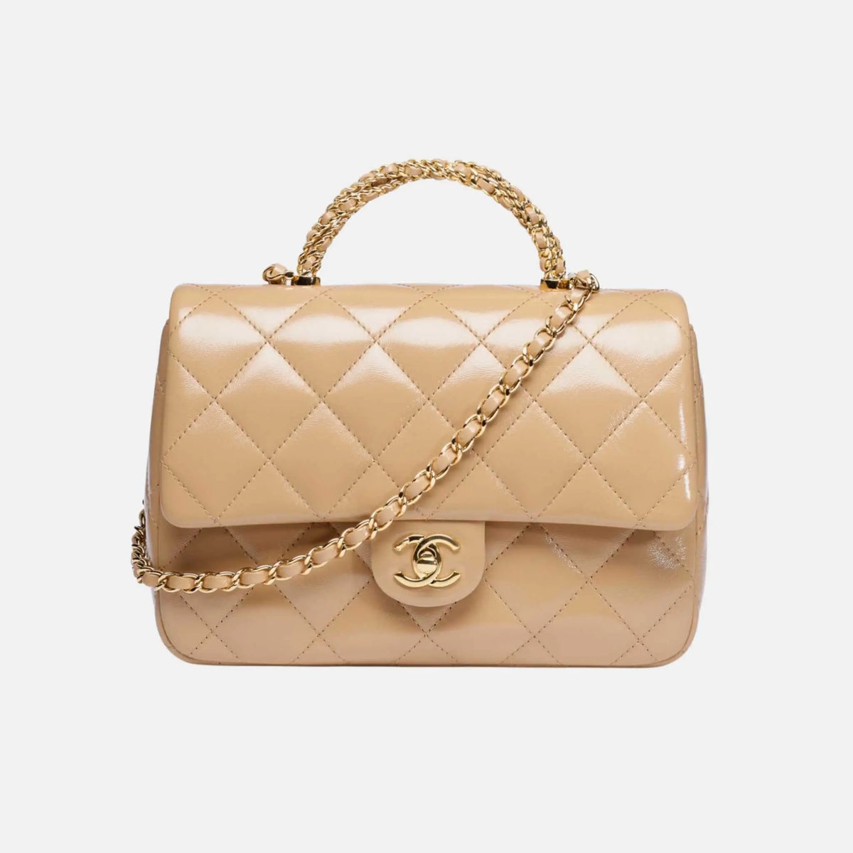Flap Bag with Top Handle in Shiny Lambskin and Gold Tone Metal