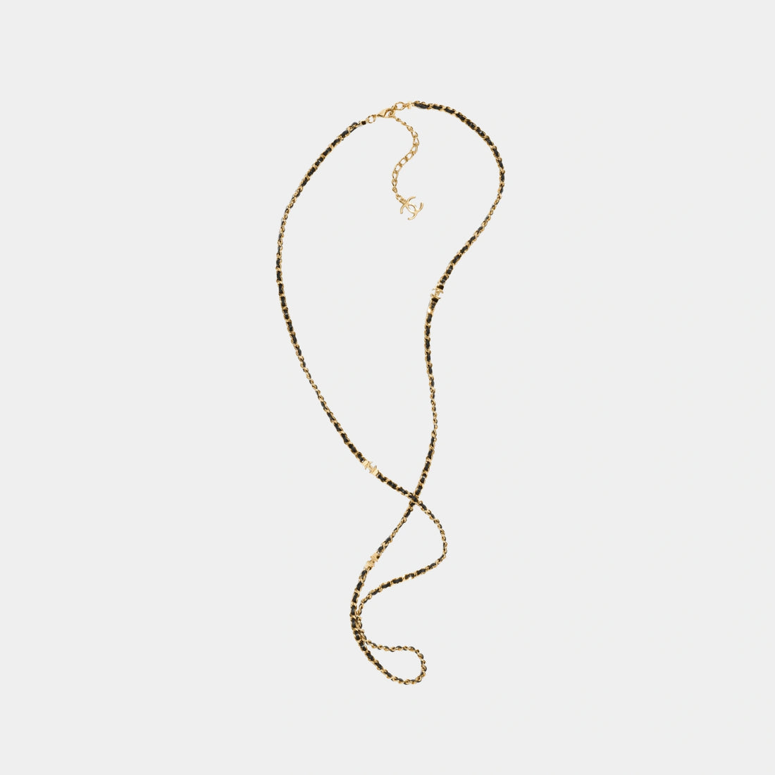 Chanel Gold Metal and Black Lambskin Long Chain Necklace, Front