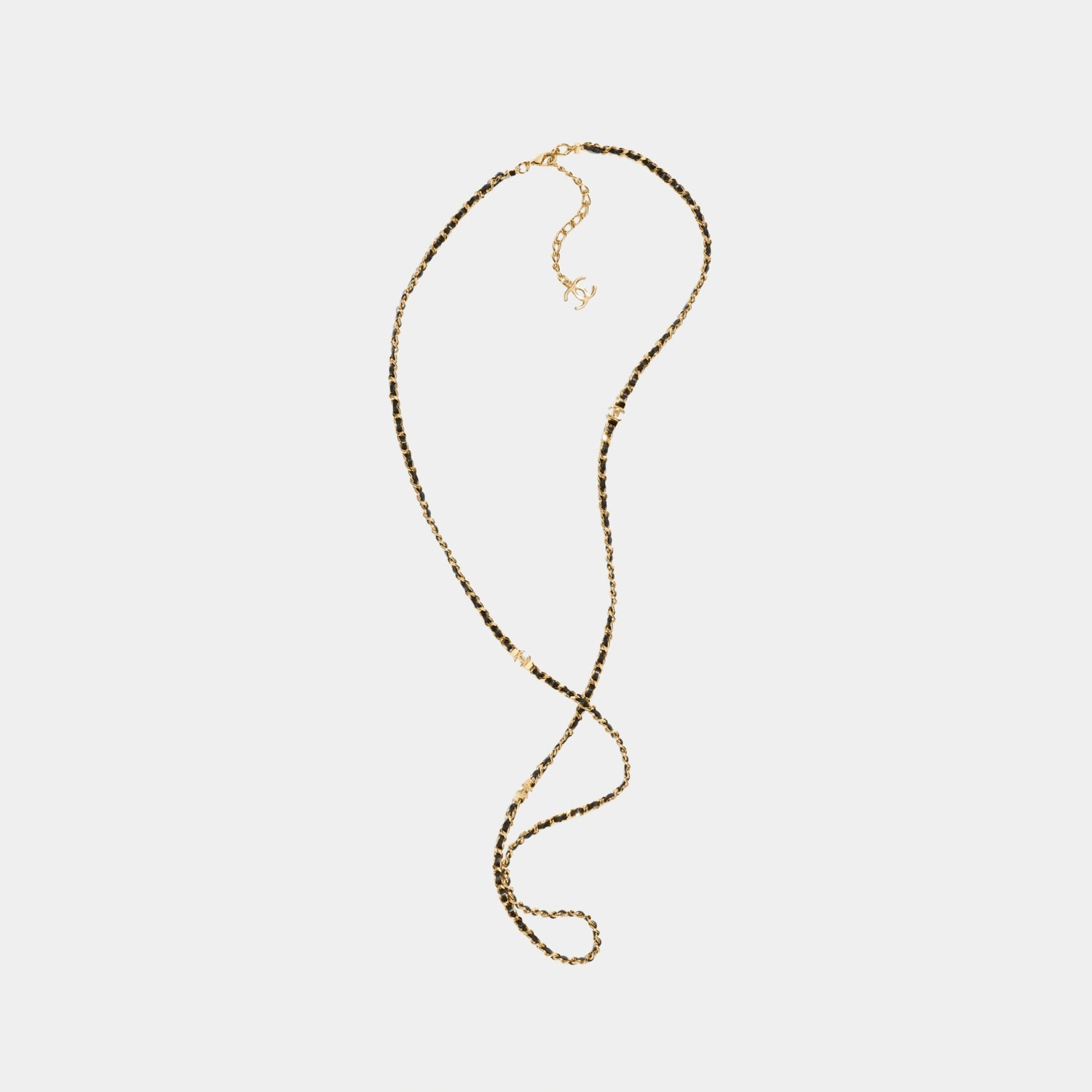 Chanel Gold Metal and Black Lambskin Long Chain Necklace, Front