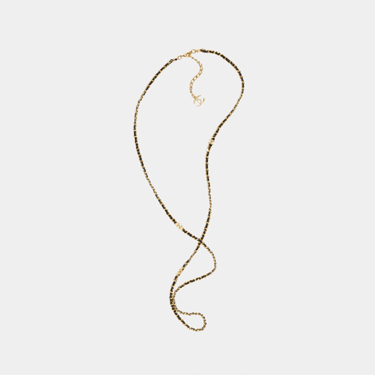 Gold Metal and Black Lambskin Long Chain Necklace