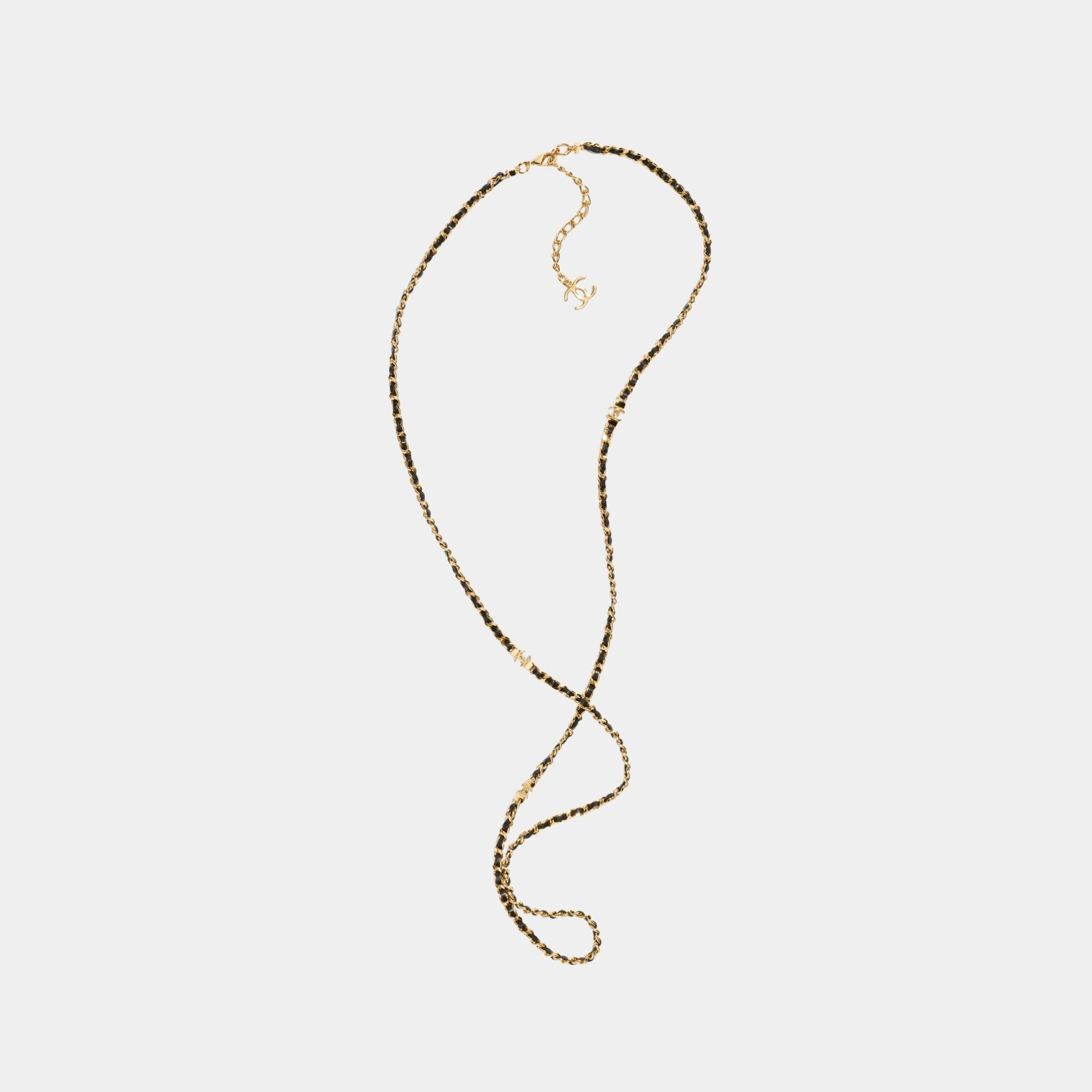 Chanel Gold Metal and Black Lambskin Long Chain Necklace, Front