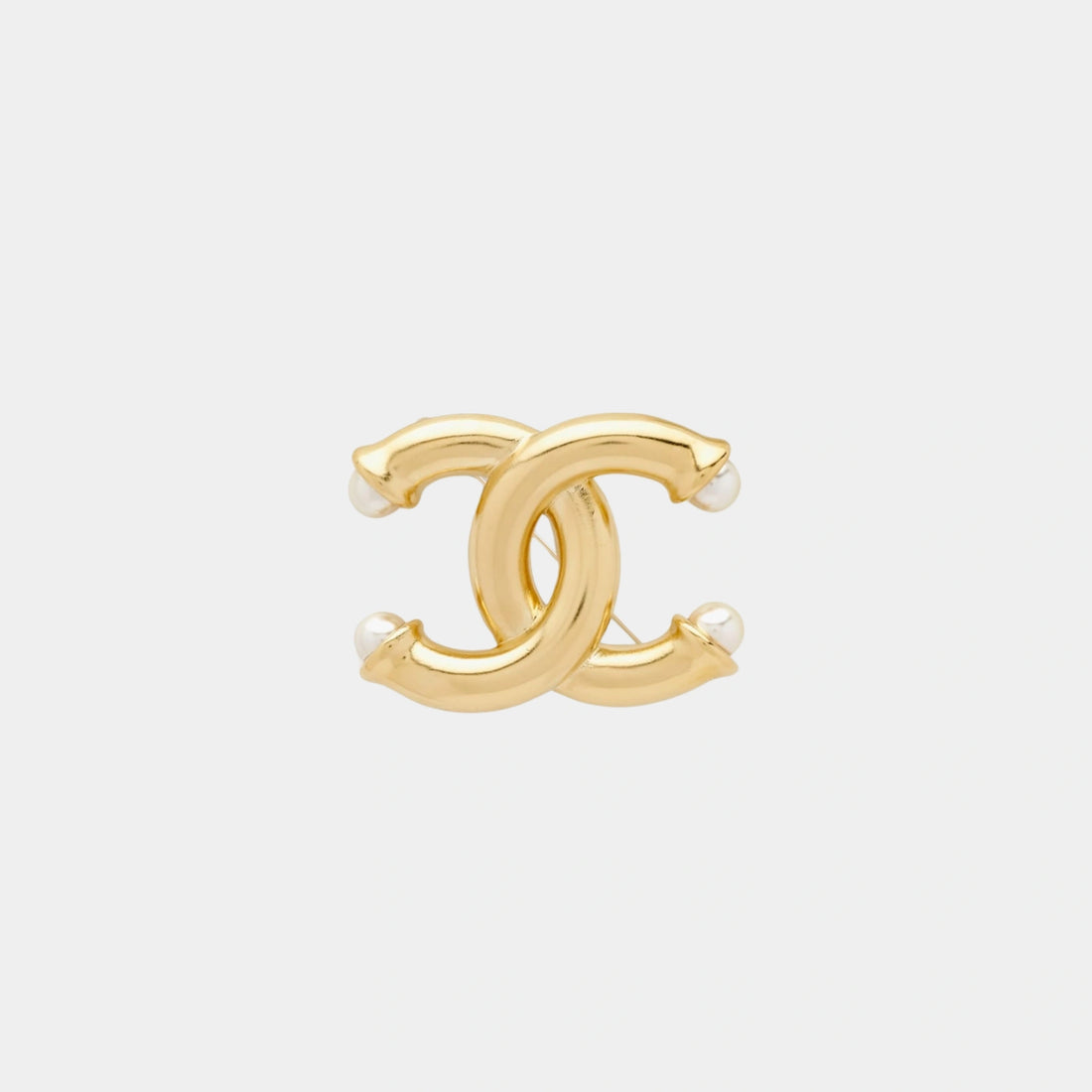 Chanel Gold Metal CC Brooch with Glass Pearls, Front