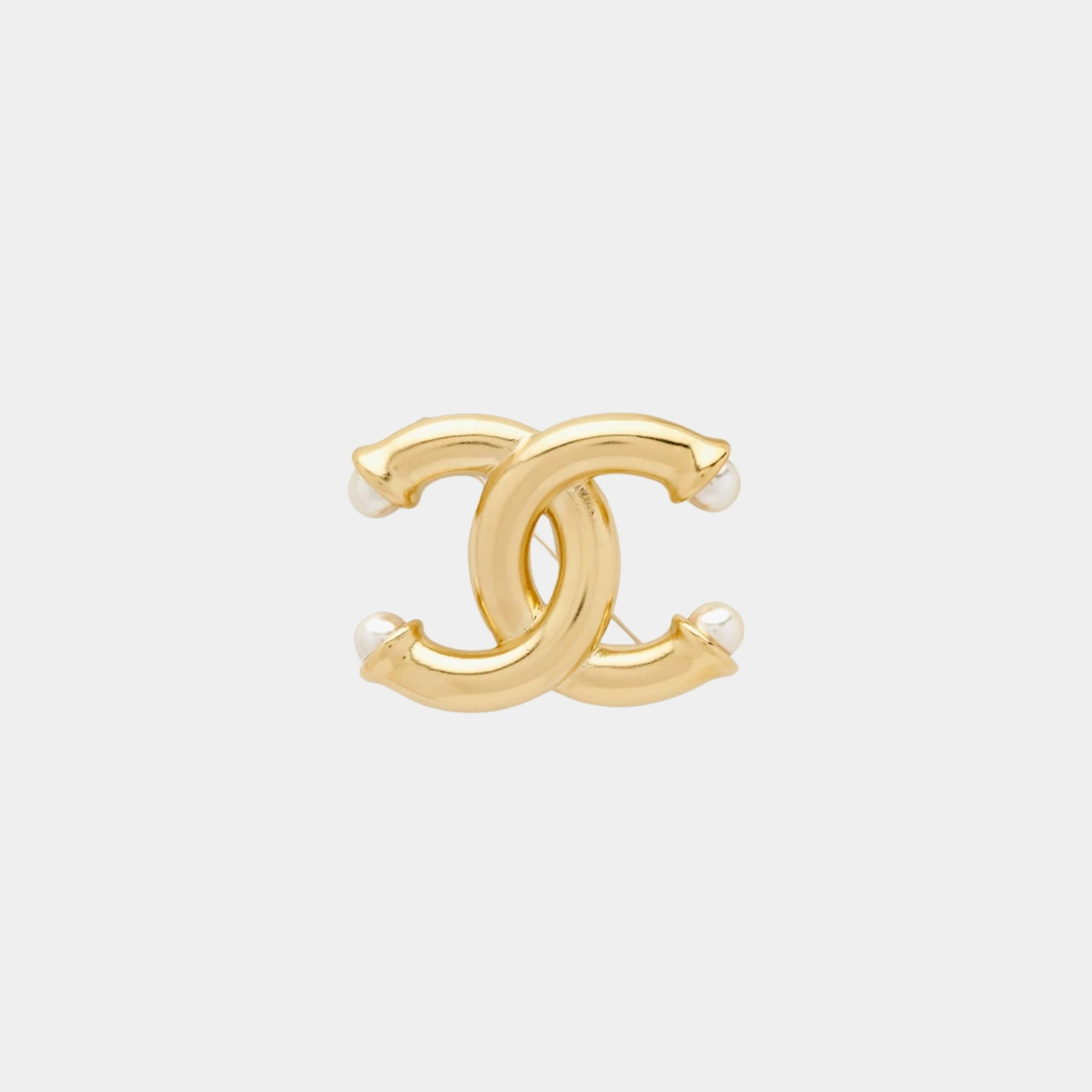 Chanel Gold Metal CC Brooch with Glass Pearls, Front