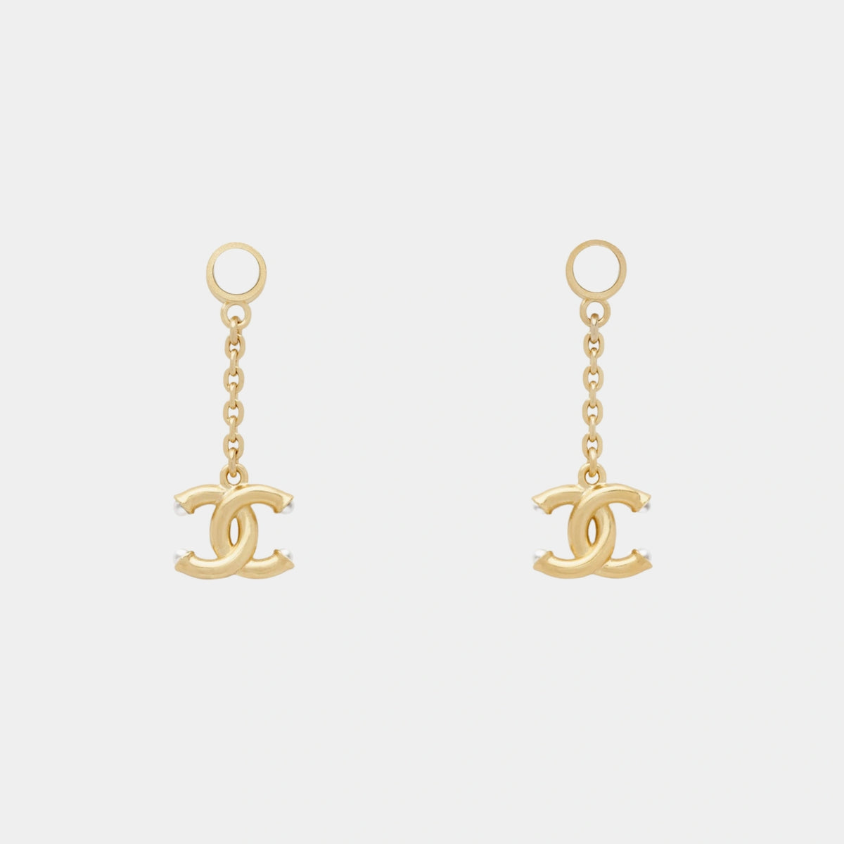 Gold Metal CC Pendant Earrings with Glass Pearls