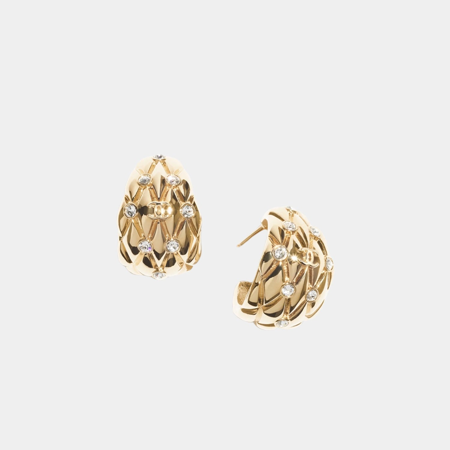 Chanel Gold Metal Hoop Earrings with Diamantes, Front