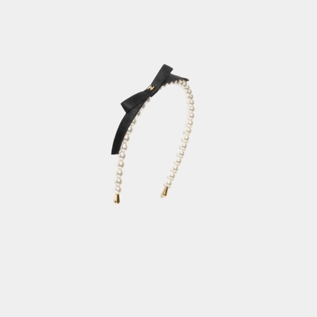 Chanel Headband Pearls Metal Satin Pearly White Gold Black, Front