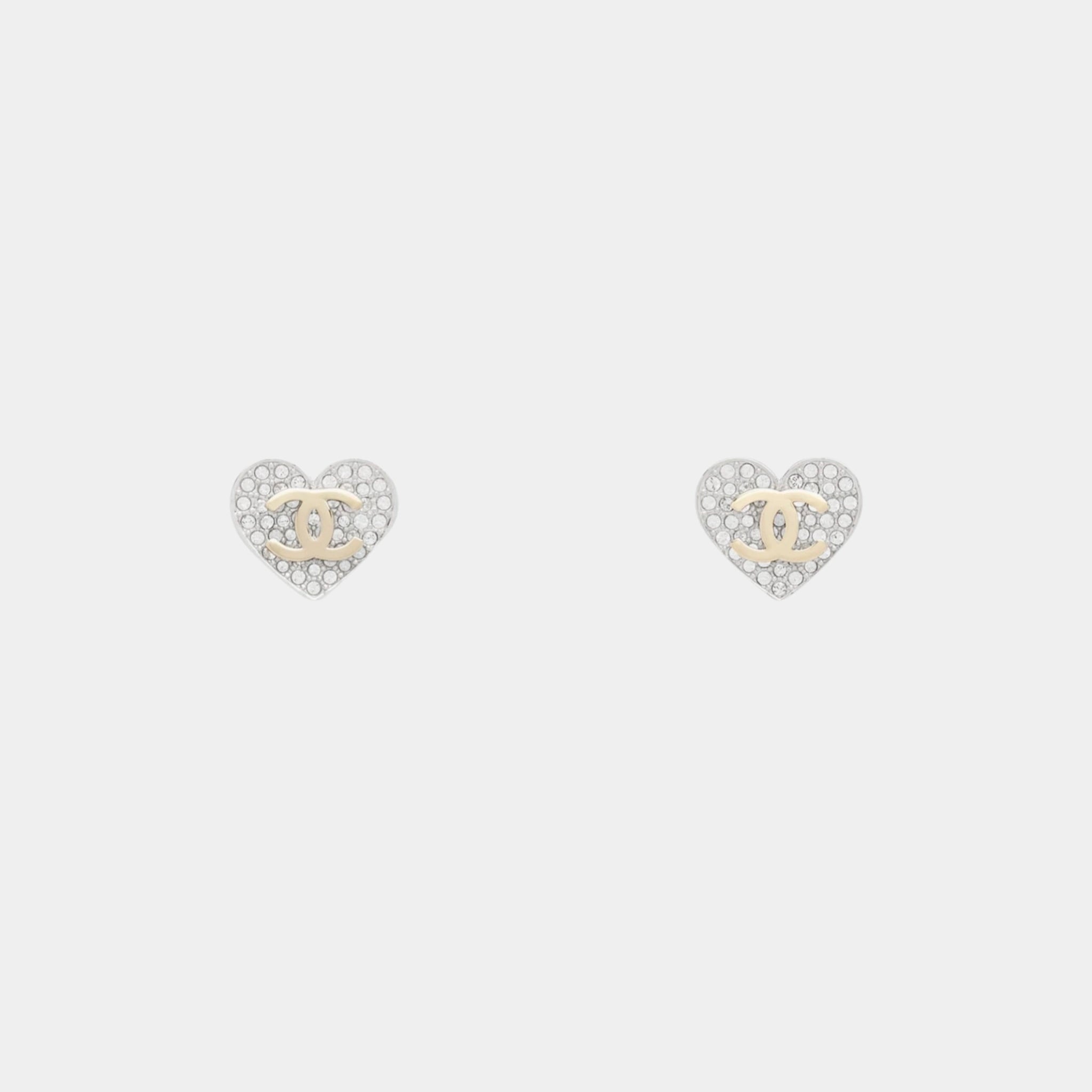 Chanel Heart Clip On Stud Earrings in Gold &amp; Silver Metal with Crystal, Front