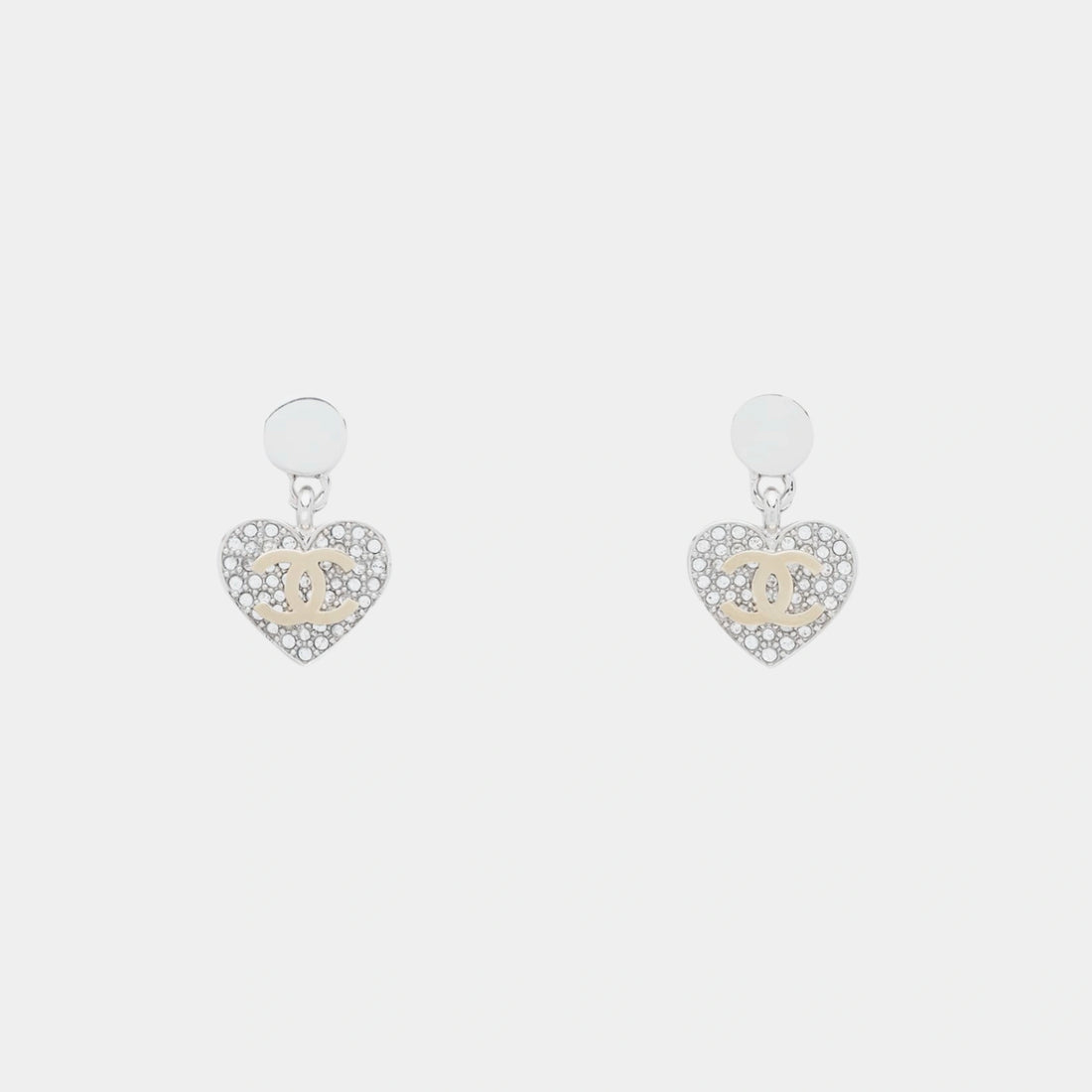 Chanel Heart Pendant Earrings in Silver &amp; Gold Metal with Crystal, Front