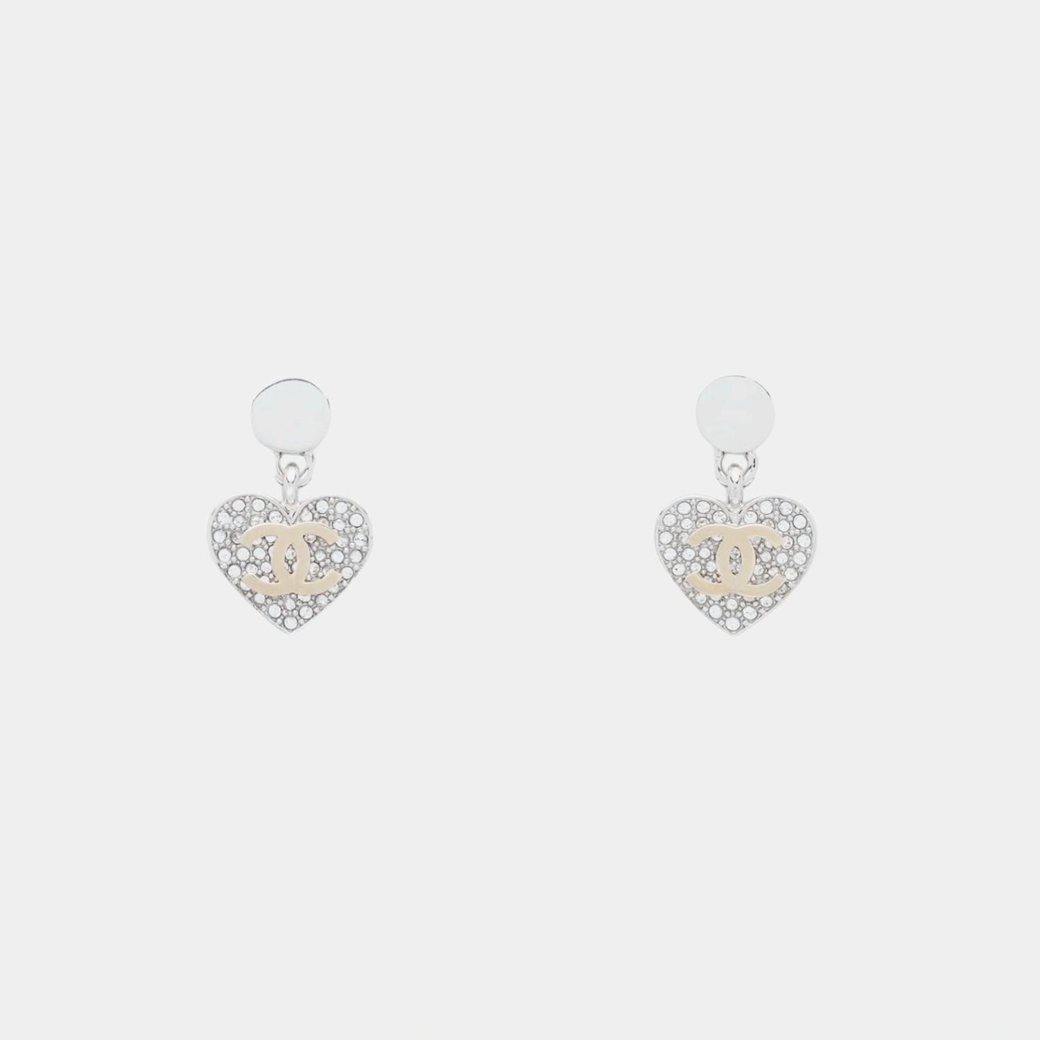 Chanel Heart Pendant Earrings in Silver &amp; Gold Metal with Crystal, Front