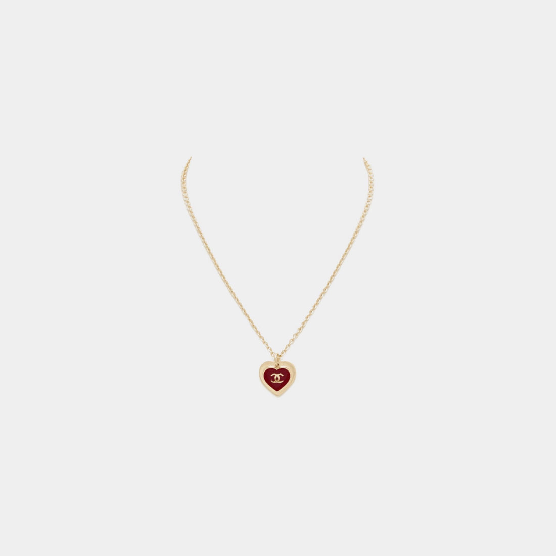 Chanel Heart Pendant Necklace Metal & Resin Gold & Dark Red, front