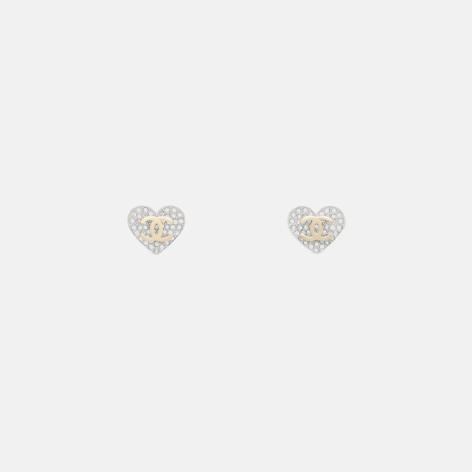 Chanel Heart Shaped Stud Earrings in Metal and Diamantes