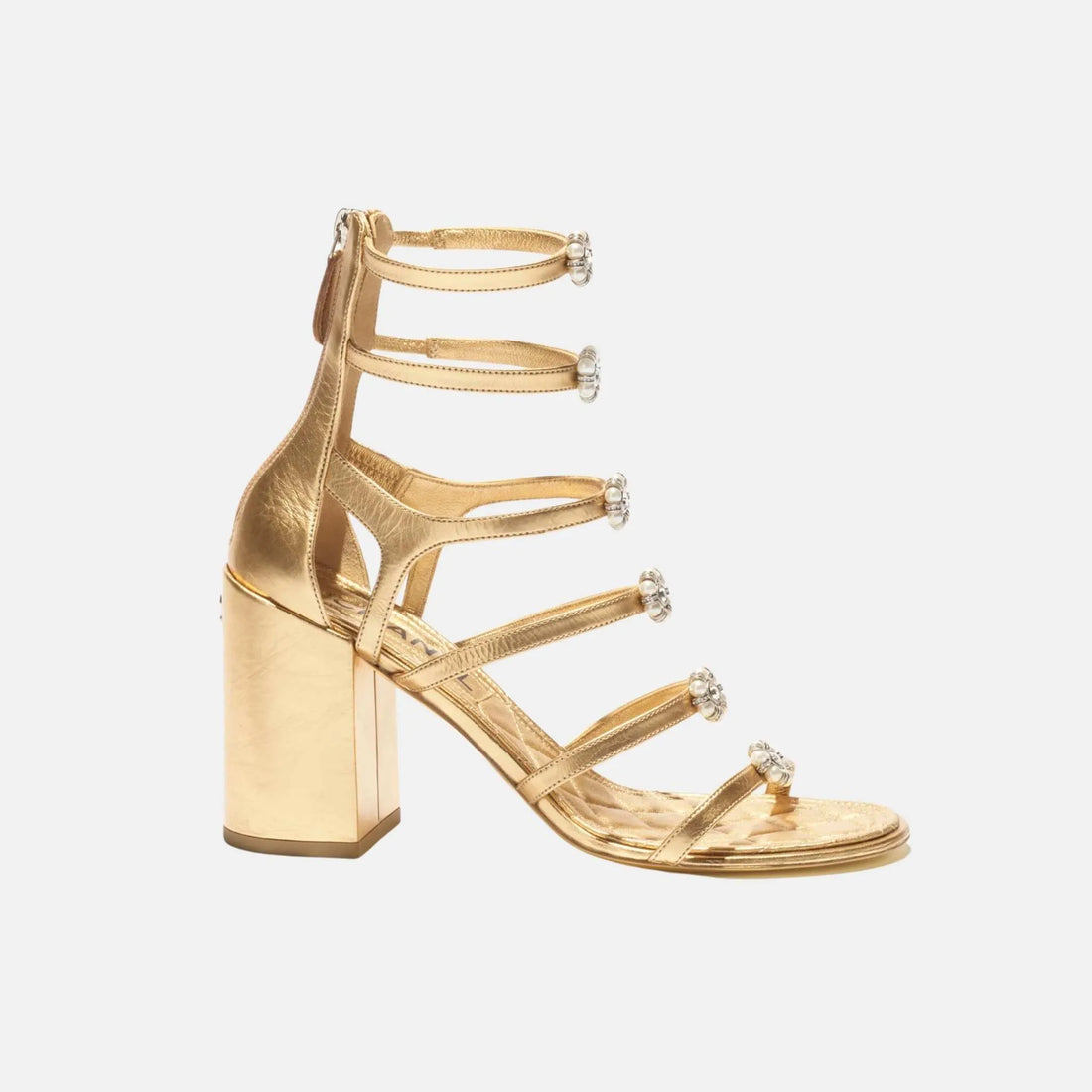 Chanel Heel Sandals in Laminated Lambskin, Dark Gold, Side