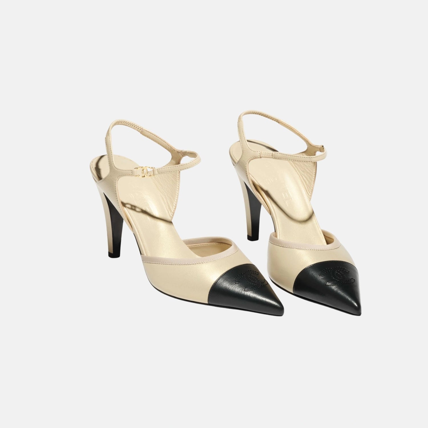 Chanel Heel Slingbacks in Iridescent Lambskin, Beige and Black, Front