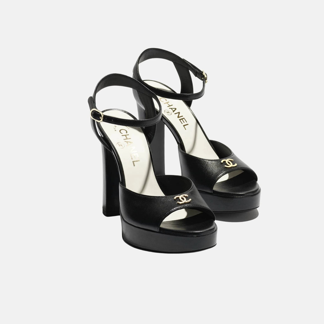 Chanel Heeled Sandals, Lambskin Black Front