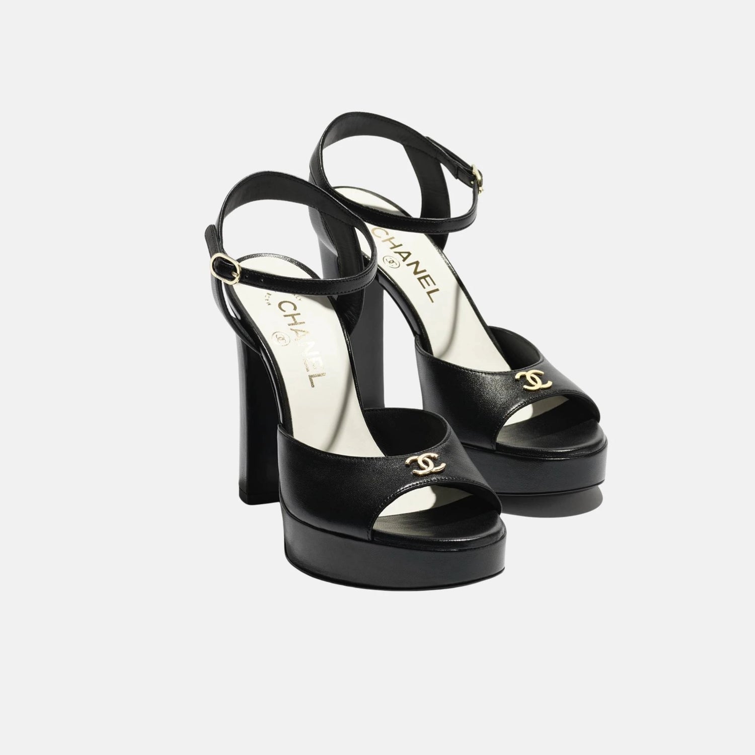 Chanel Heeled Sandals, Lambskin Black Front