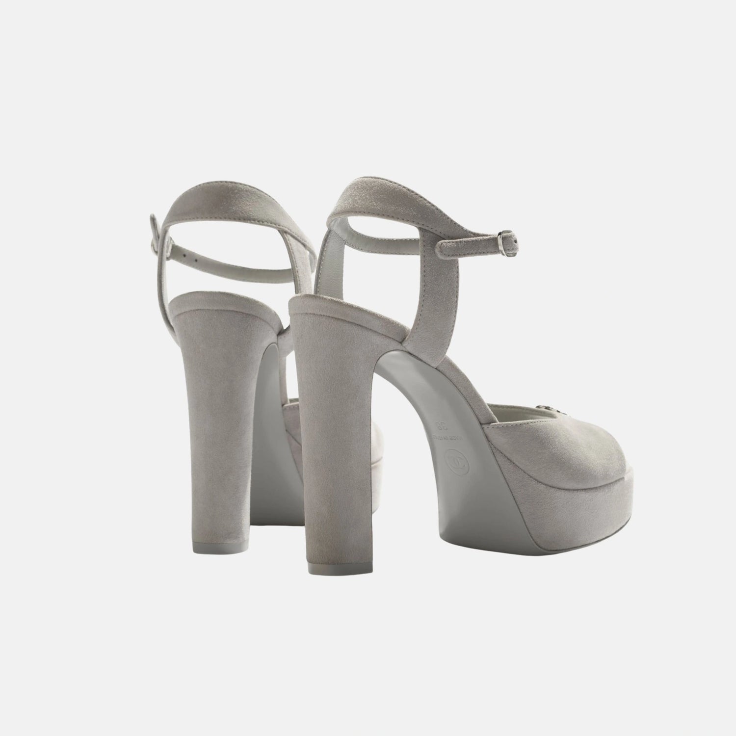 Chanel Heeled Sandals, Suede Kidskin, Grey, Back